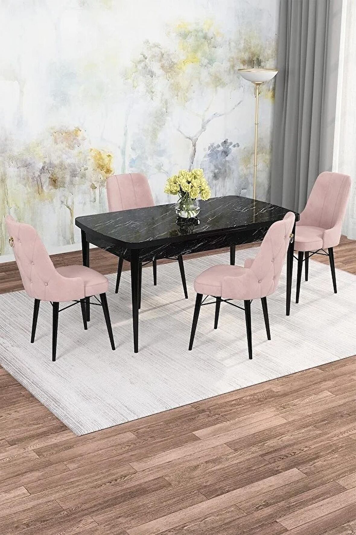 Rovena Rose  Siyah Mermer 70x114 Açılabilir Mdf Mutfak Masası Takımı 4 Adet Sandalye