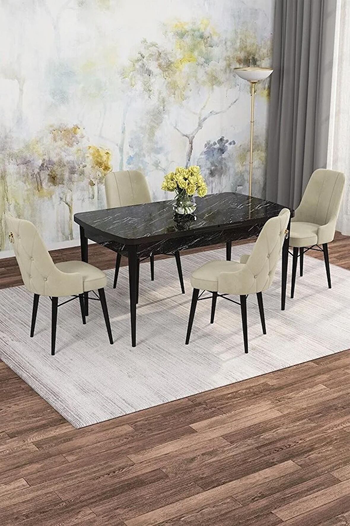 Rovena Gian  Siyah Mermer 70x114 Açılabilir Suntalam Yemek Odası Takımı 4 Adet Sandalye