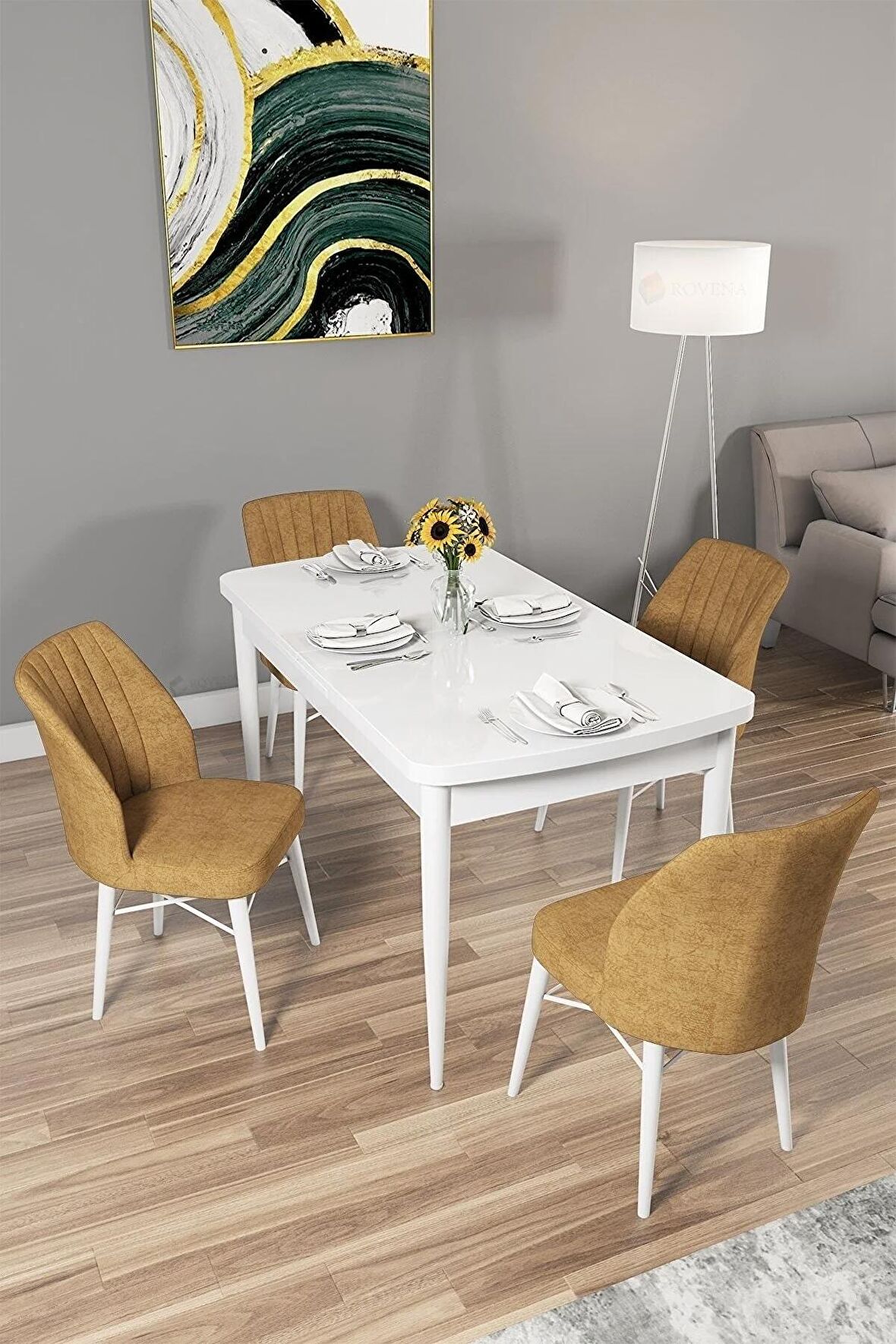 Rovena Alto Beyaz 70x114 Açılabilir Suntalam Yemek Odası Takımı 4 Adet Sandalye