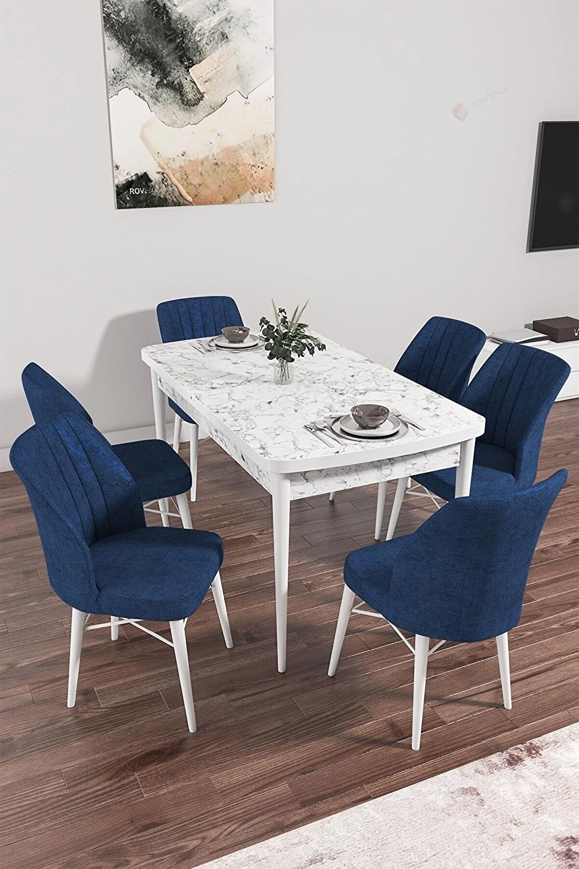 Rovena Alto Beyaz Mermer 70x114 Açılabilir Suntalam Yemek Odası Takımı 6 Adet Sandalye