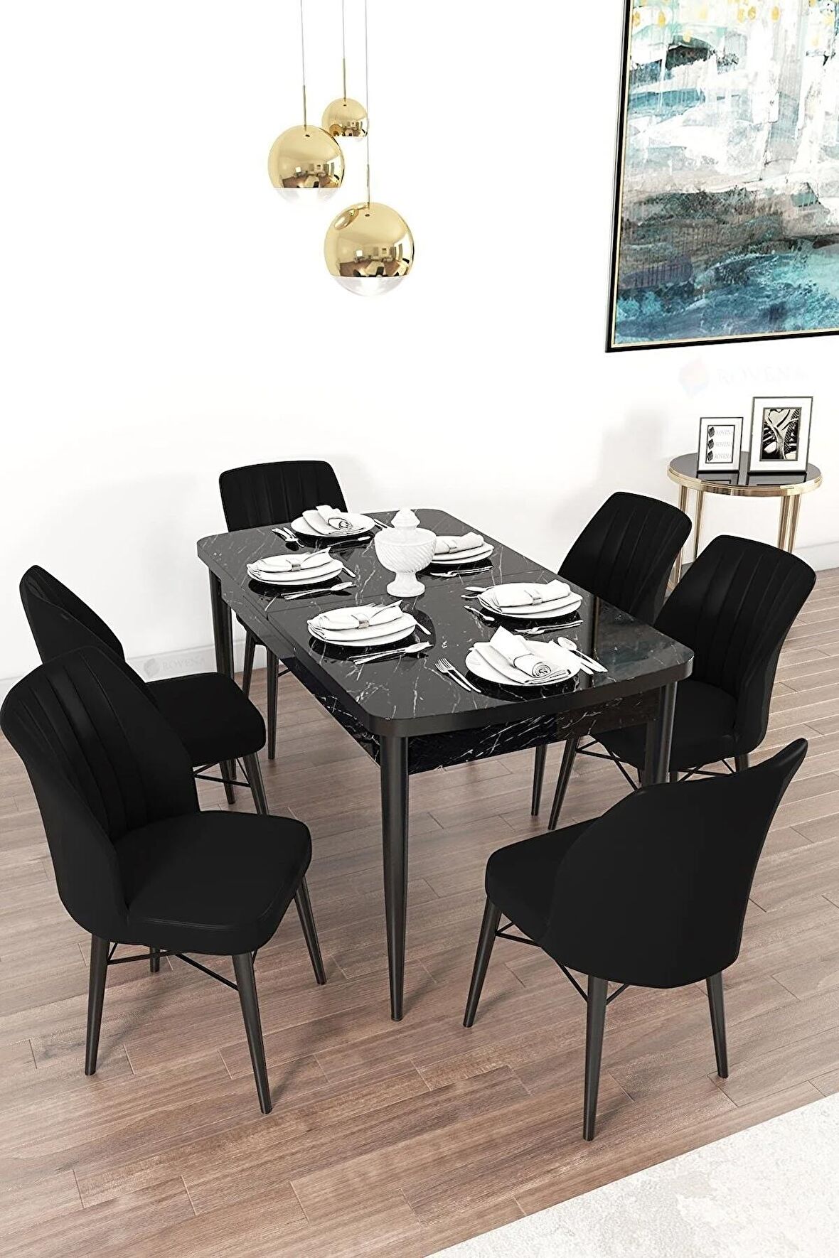 Rovena Alto Siyah Mermer 70x114 Açılabilir Suntalam Yemek Odası Takımı 6 Adet Sandalye