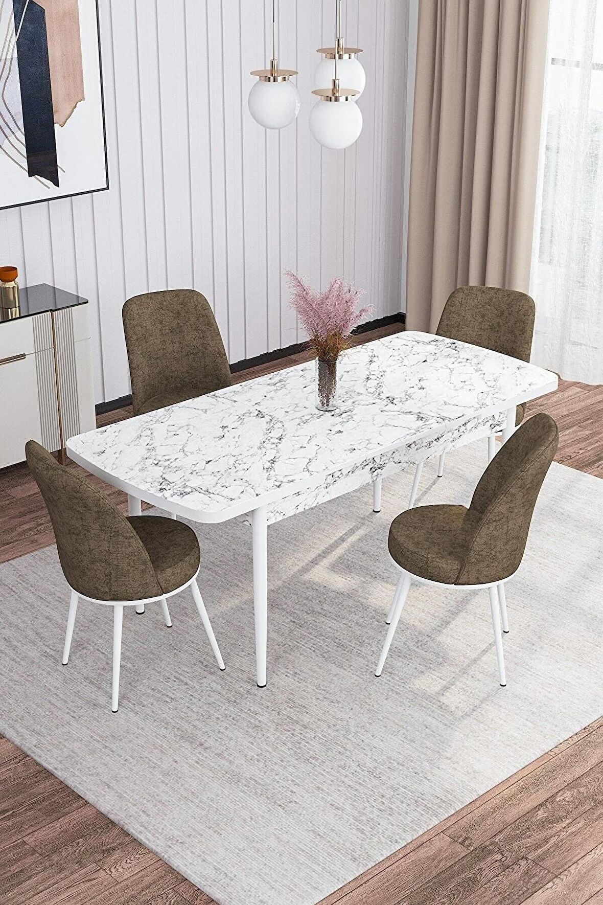 Rovena Sona Beyaz Mermer 70x114 Açılabilir Suntalam Yemek Odası Takımı 4 Adet Sandalye