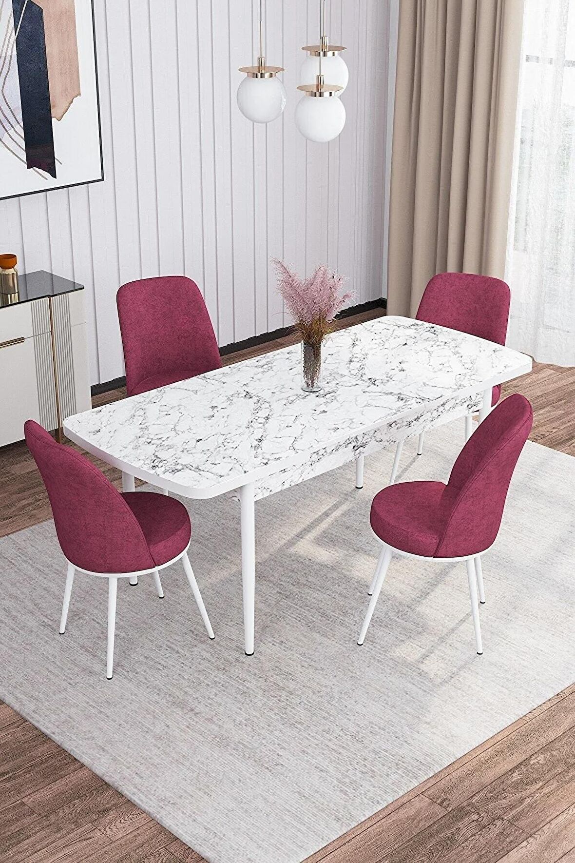 Rovena Sona Beyaz Mermer 70x114 Açılabilir Suntalam Yemek Odası Takımı 4 Adet Sandalye