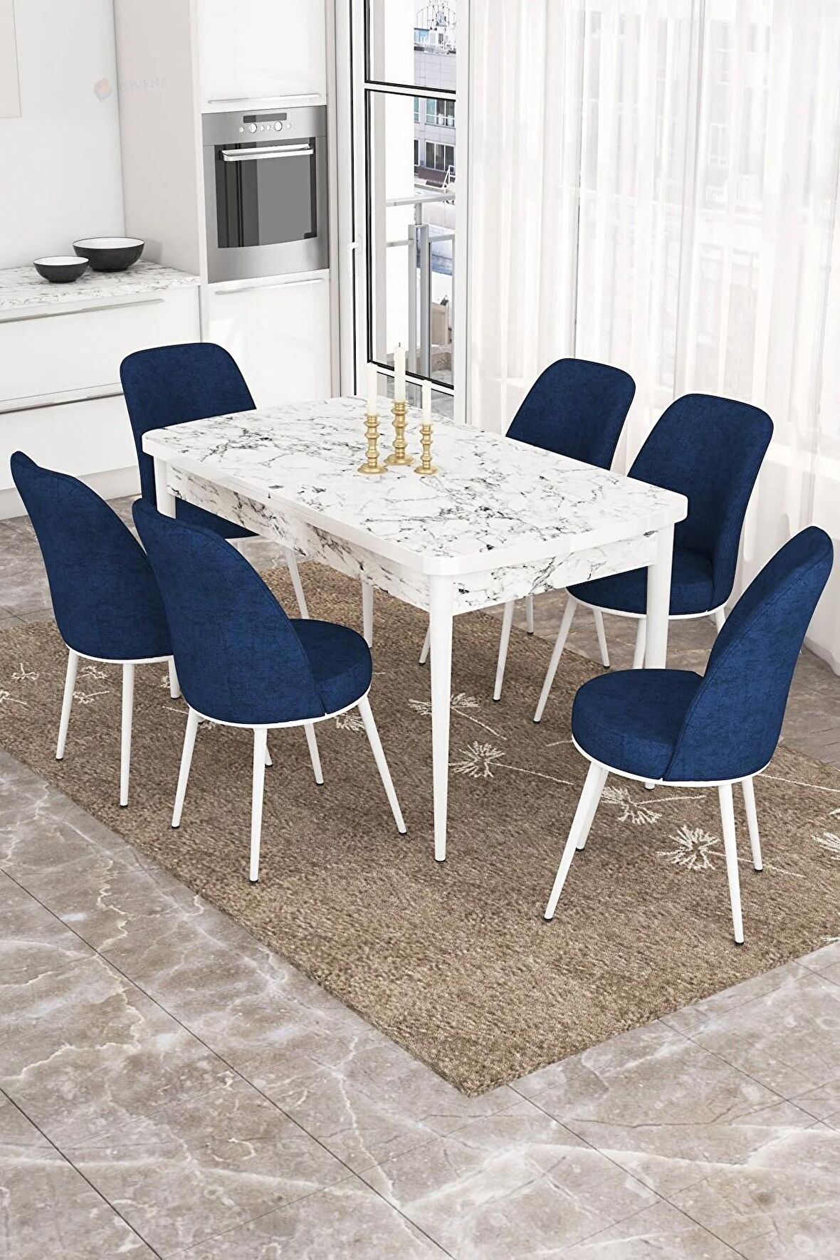 Rovena Sona Beyaz Mermer 70x114 Açılabilir Suntalam Yemek Odası Takımı 6 Adet Sandalye