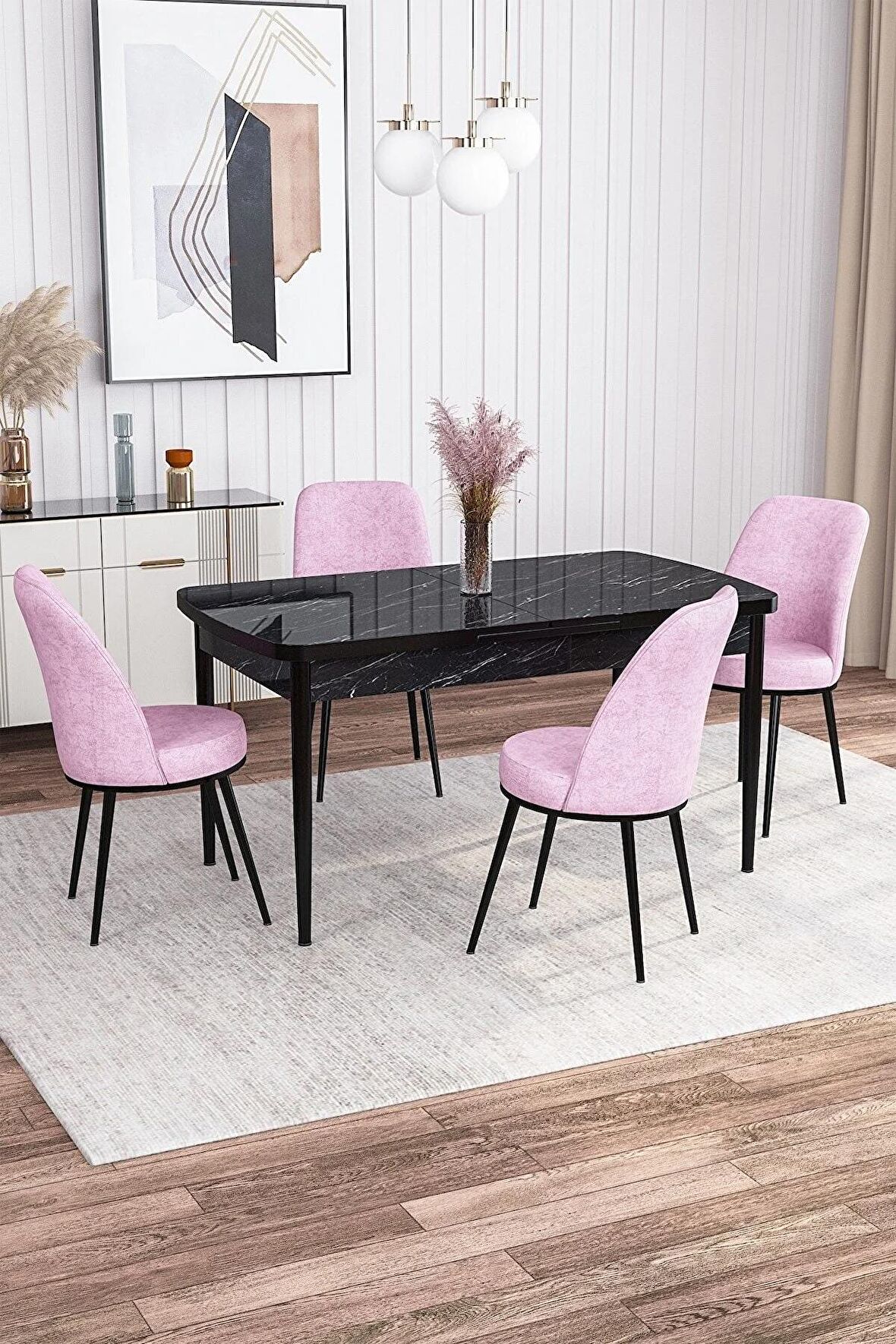 Rovena Sona Siyah Mermer 70x114 Açılabilir Suntalam Yemek Odası Takımı 4 Adet Sandalye