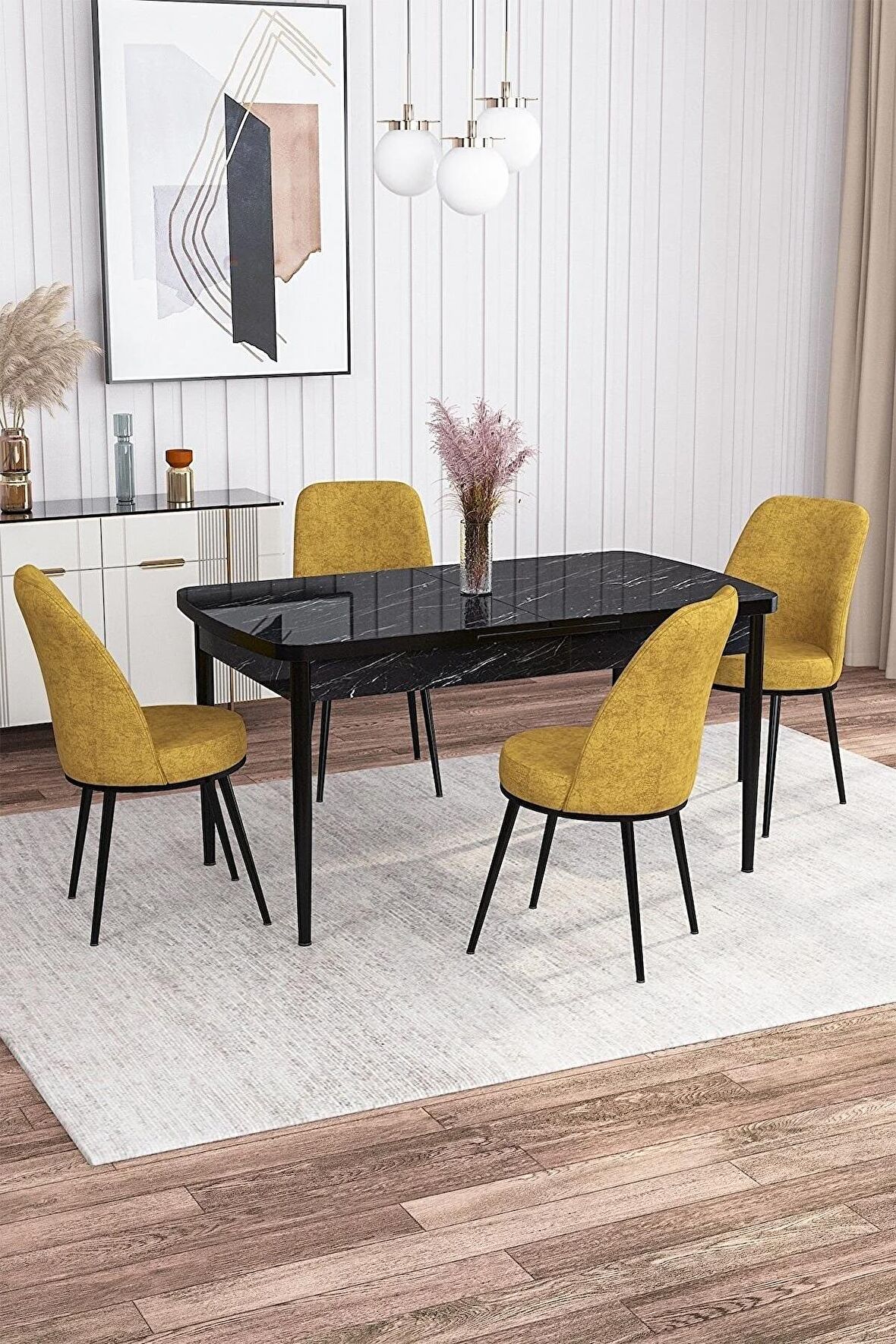 Rovena Sona Siyah Mermer 70x114 Açılabilir Suntalam Yemek Odası Takımı 4 Adet Sandalye