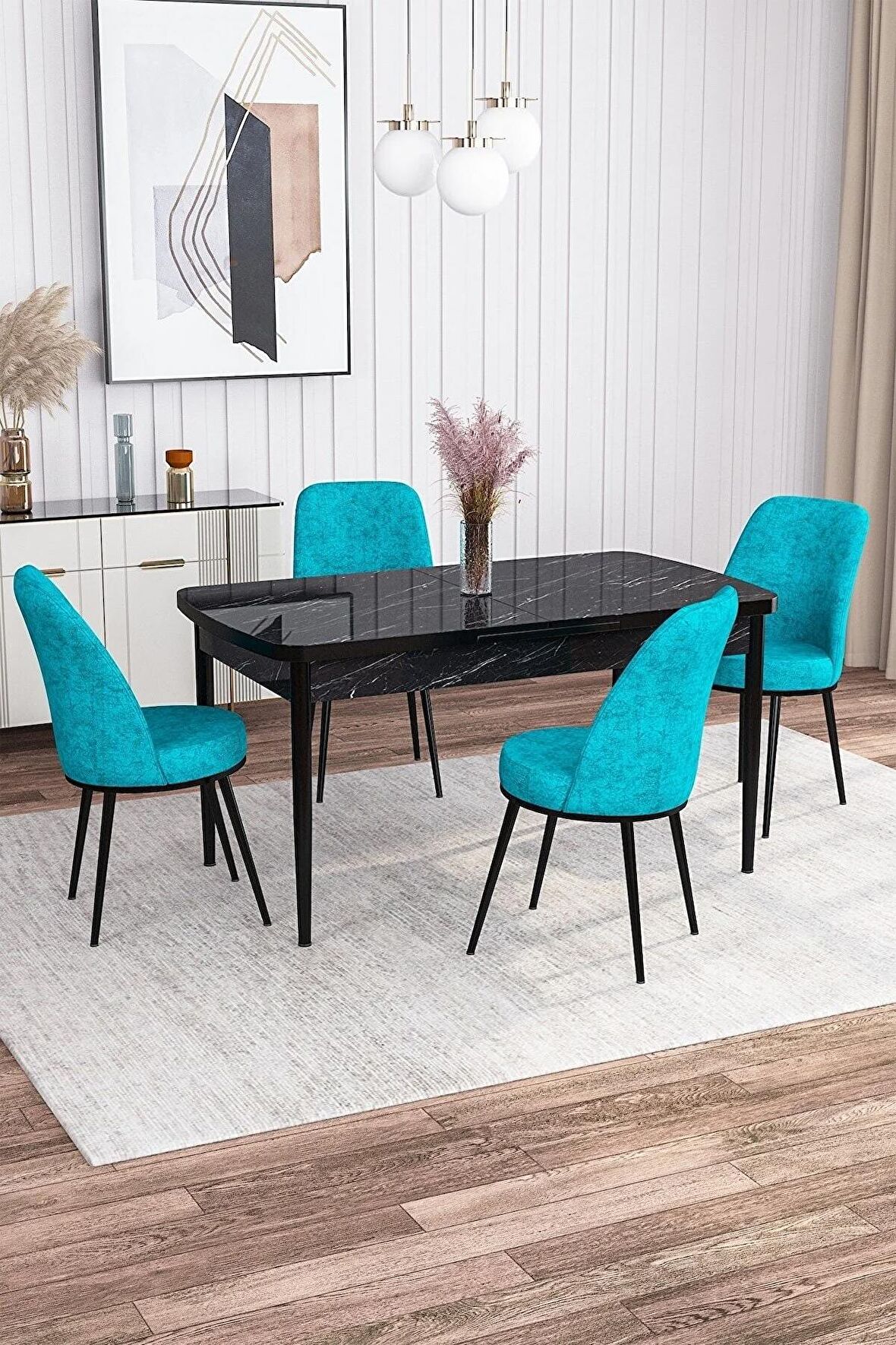 Rovena Sona Siyah Mermer 70x114 Açılabilir Suntalam Yemek Odası Takımı 4 Adet Sandalye