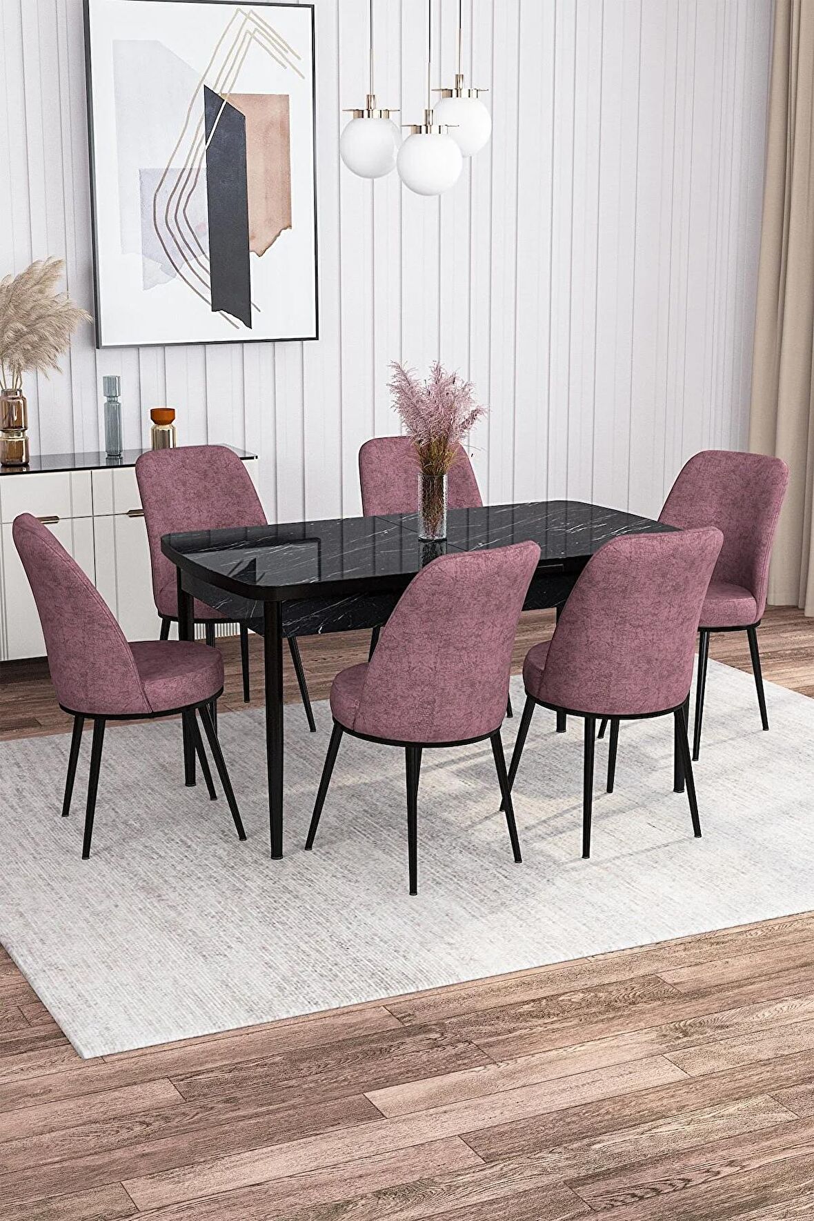 Rovena Sona Siyah Mermer 70x114 Açılabilir Suntalam Yemek Odası Takımı 6 Adet Sandalye