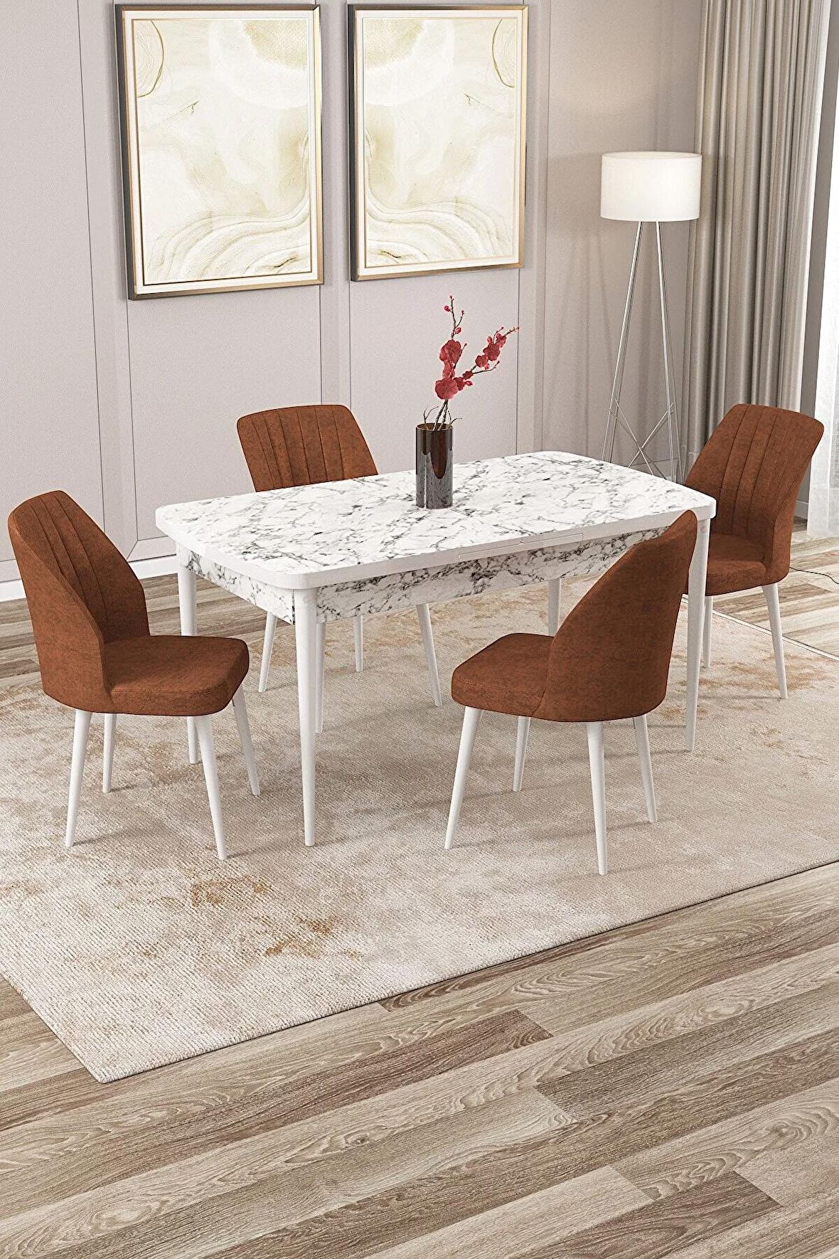 Rovena Lucca Beyaz Mermer 70x114 Açılabilir Suntalam Yemek Odası Takımı 4 Adet Sandalye