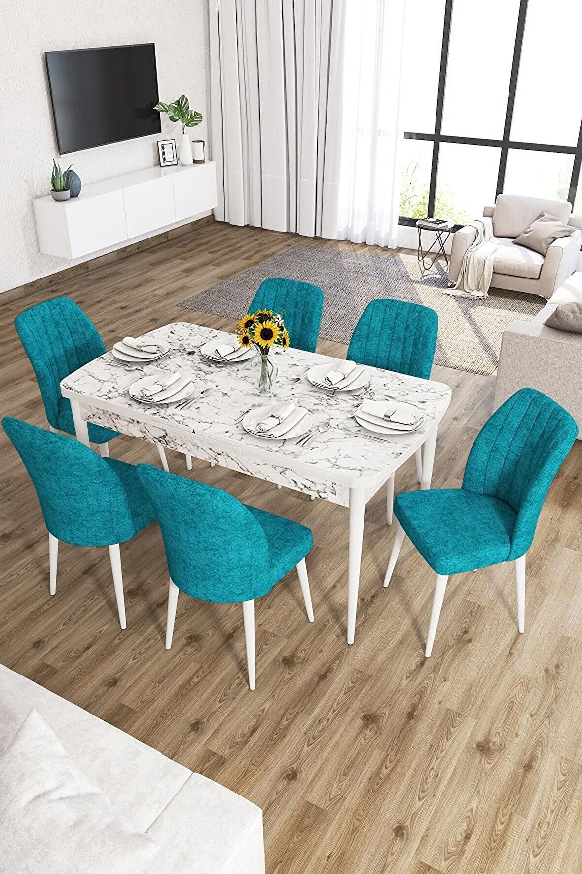 Rovena Lucca Beyaz Mermer 70x114 Açılabilir Suntalam Yemek Odası Takımı 6 Adet Sandalye