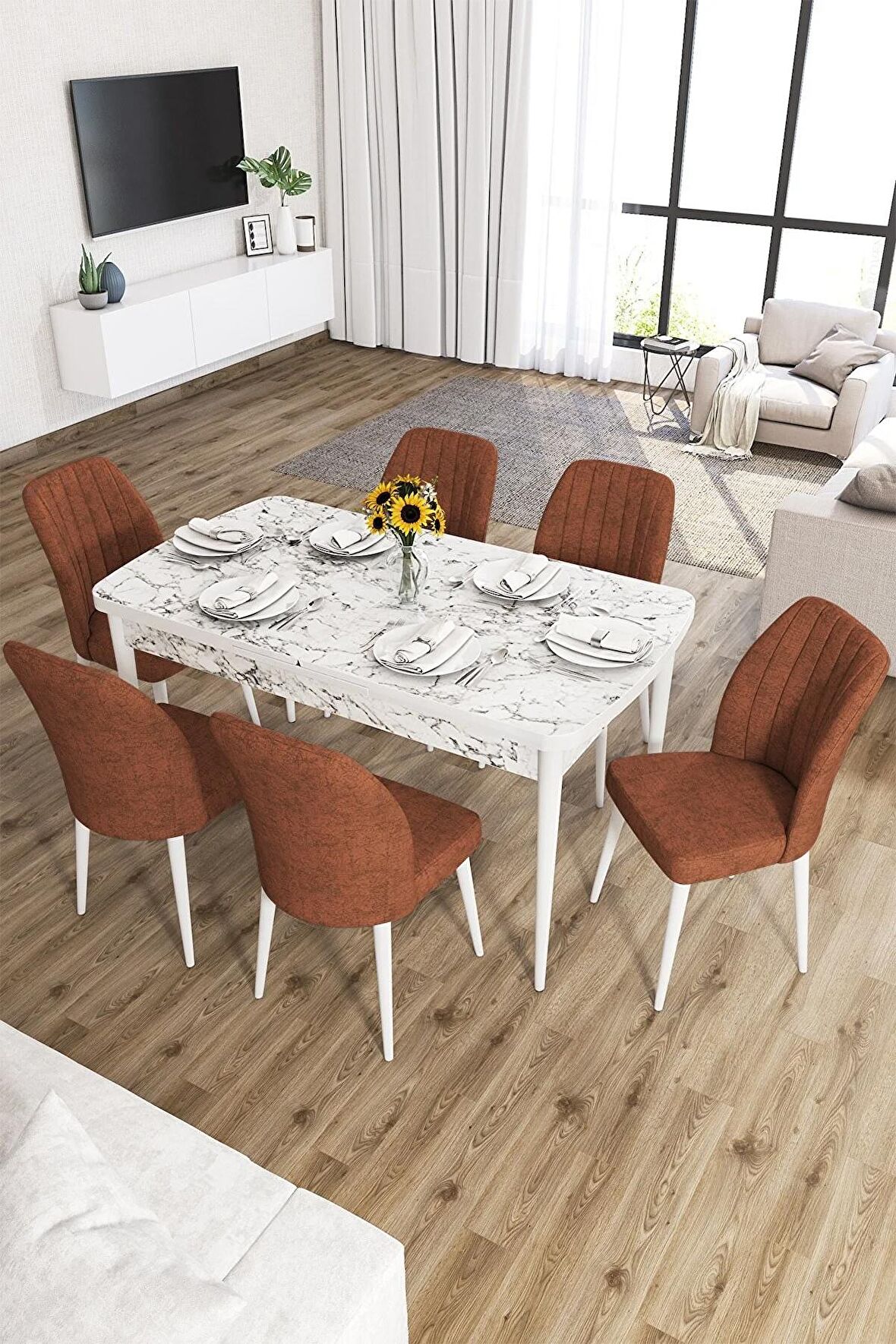 Rovena Lucca Beyaz Mermer 70x114 Açılabilir Suntalam Yemek Odası Takımı 6 Adet Sandalye