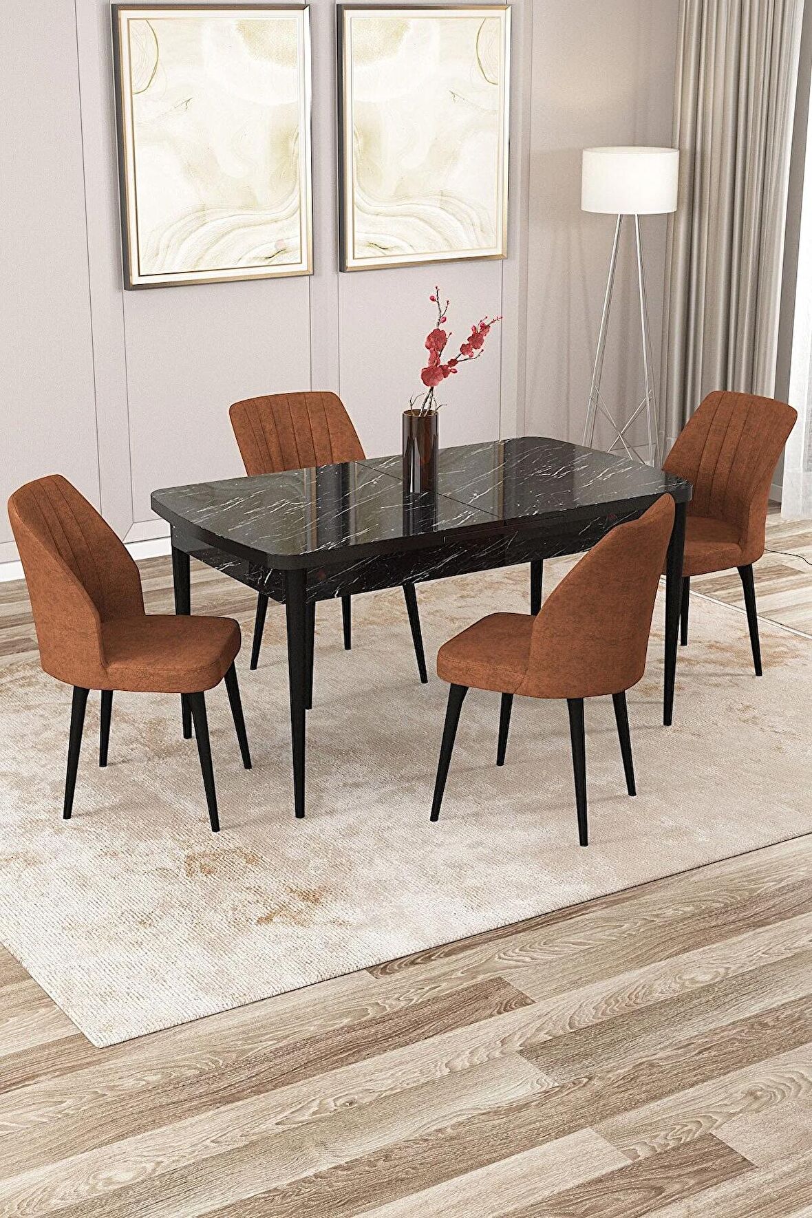Rovena Lucca Siyah Mermer 70x114 Açılabilir Suntalam Yemek Odası Takımı 4 Adet Sandalye