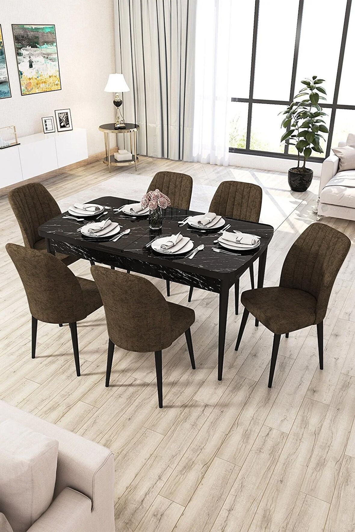 Rovena Lucca Siyah Mermer 70x114 Açılabilir Suntalam Yemek Odası Takımı 6 Adet Sandalye