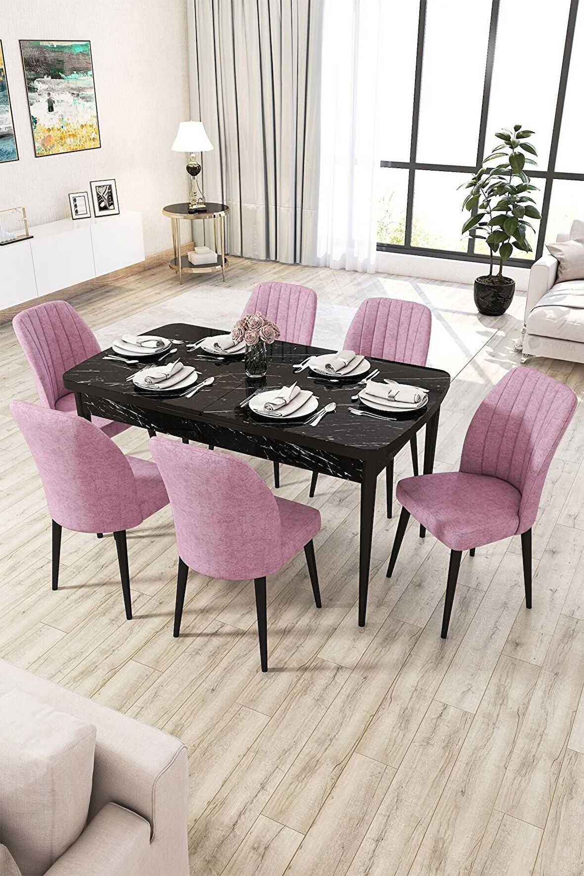 Rovena Lucca Siyah Mermer 70x114 Açılabilir Suntalam Yemek Odası Takımı 6 Adet Sandalye