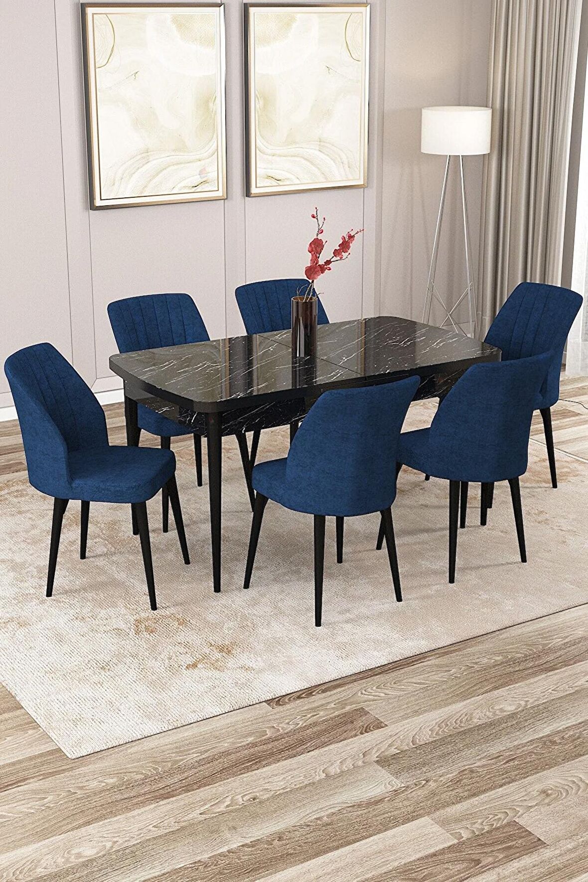 Rovena Lucca Siyah Mermer 70x114 Açılabilir Suntalam Yemek Odası Takımı 6 Adet Sandalye