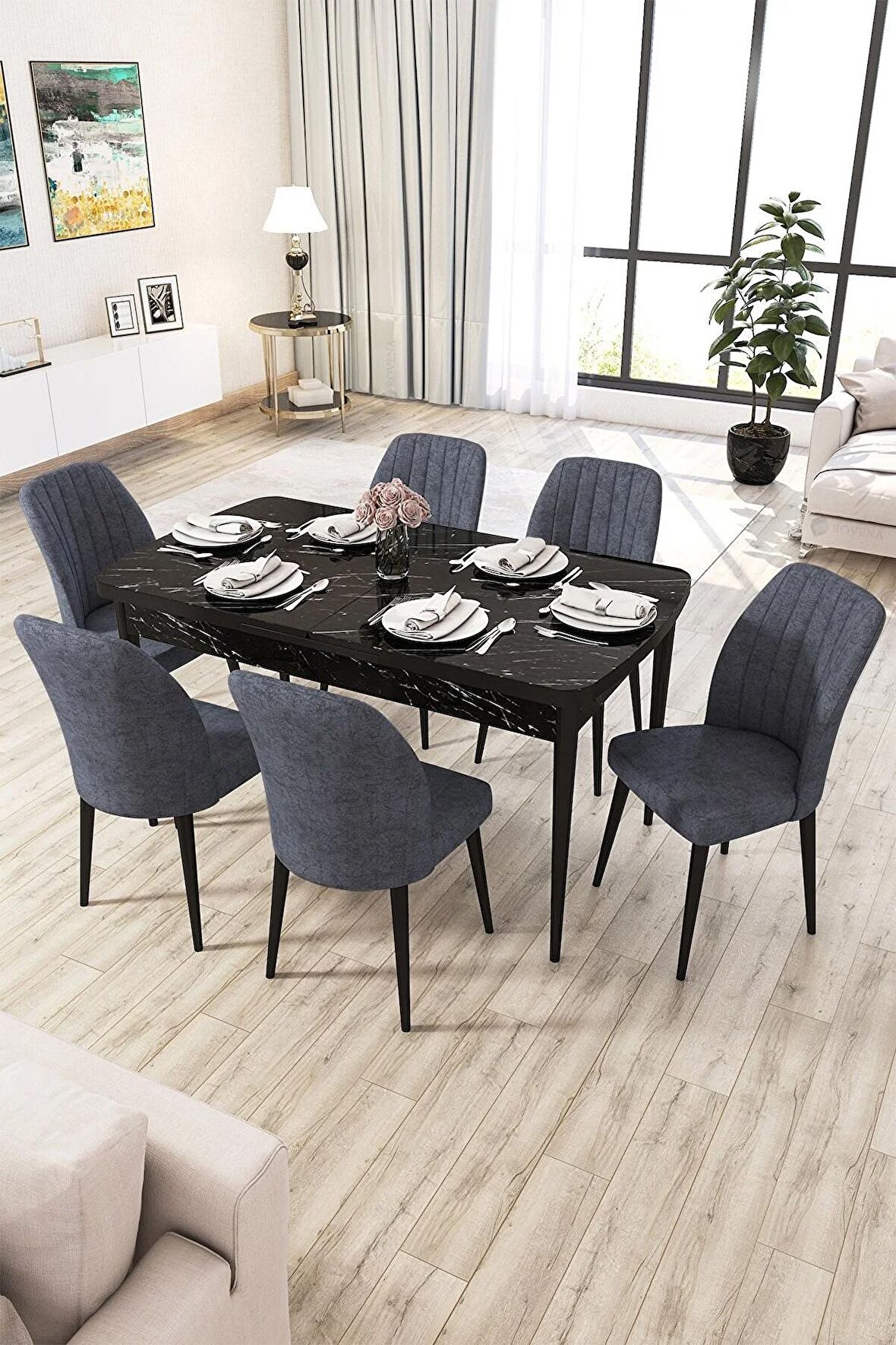 Rovena Lucca Siyah Mermer 70x114 Açılabilir Suntalam Yemek Odası Takımı 6 Adet Sandalye