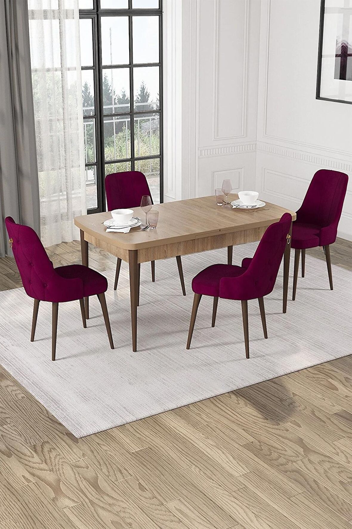 Rovena Lila Meşe 70x114  Açılabilir Mdf Mutfak Masası Takımı 4 Adet Sandalye