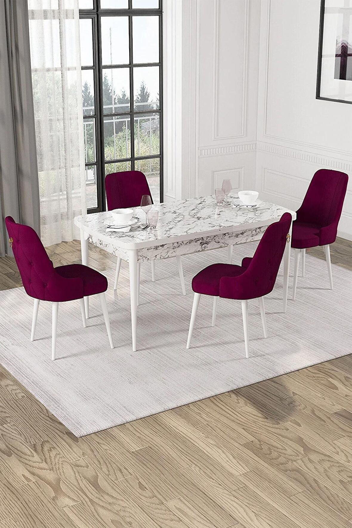 Rovena Lila Beyaz Mermer 70x114 Açılabilir Mdf Mutfak Masası Takımı 4 Adet Sandalye