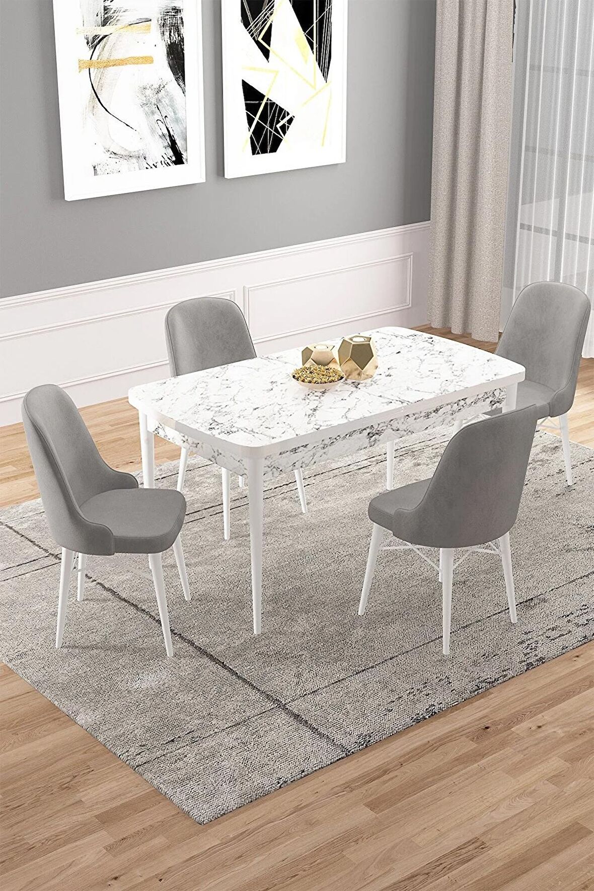 Rovena Rain Beyaz Mermer 70x114 Açılabilir Mdf Mutfak Masası Takımı 4 Adet Sandalye