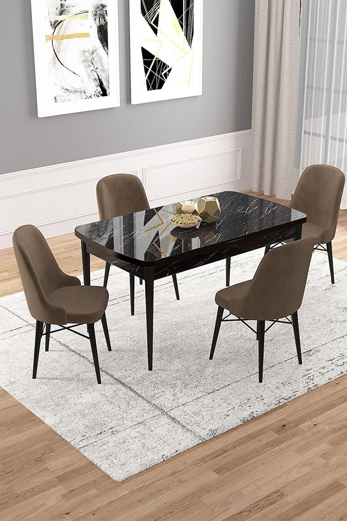 Rovena Rain Siyah Mermer 70x114 Açılabilir Mdf Mutfak Masası Takımı 4 Adet Sandalye