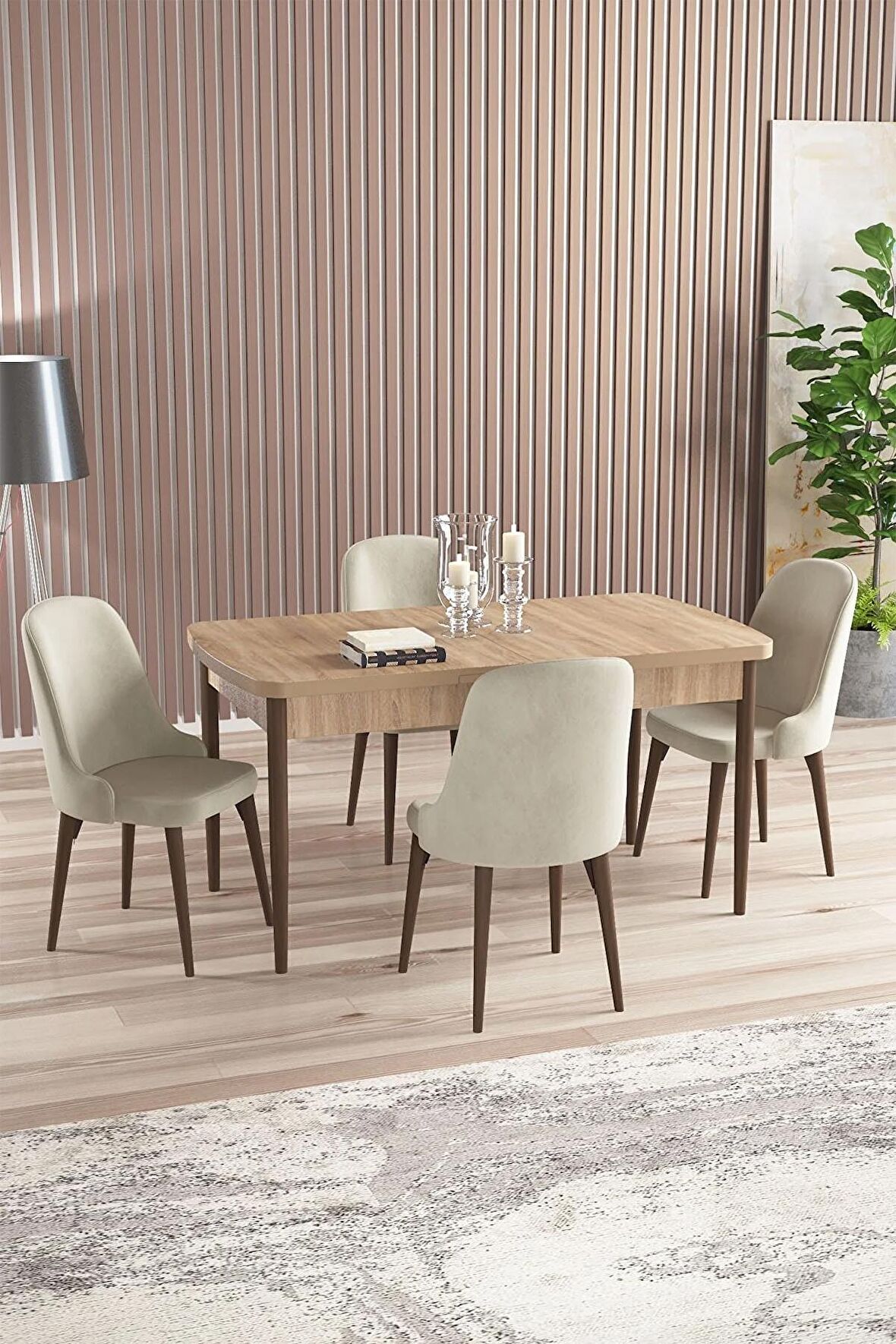 Rovena Amber Meşe 70x114 Açılabilir Mdf Mutfak Masası Takımı 4 Adet Sandalye