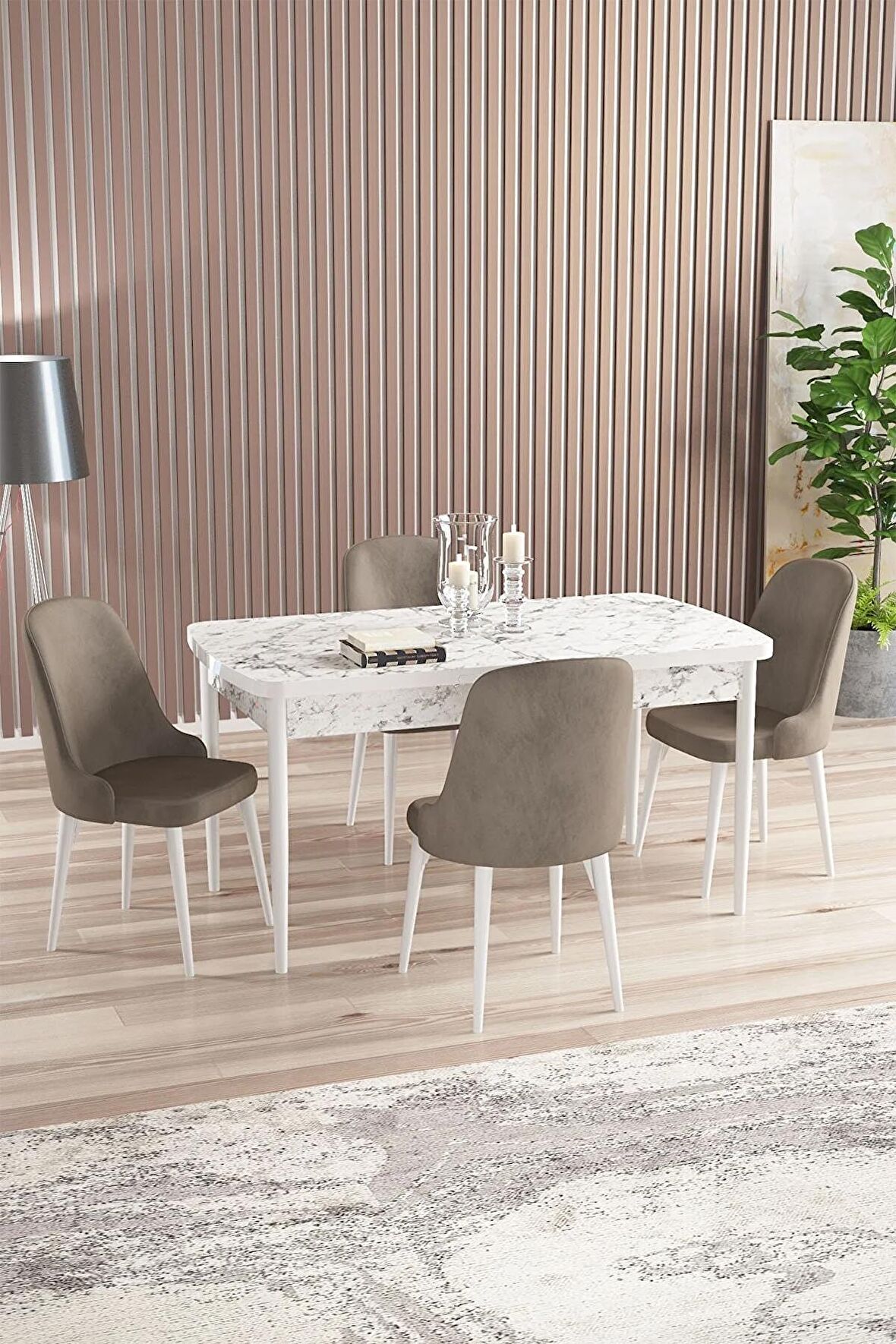 Rovena Amber Beyaz Mermer 70x114 Açılabilir Mdf Mutfak Masası Takımı 4 Adet Sandalye