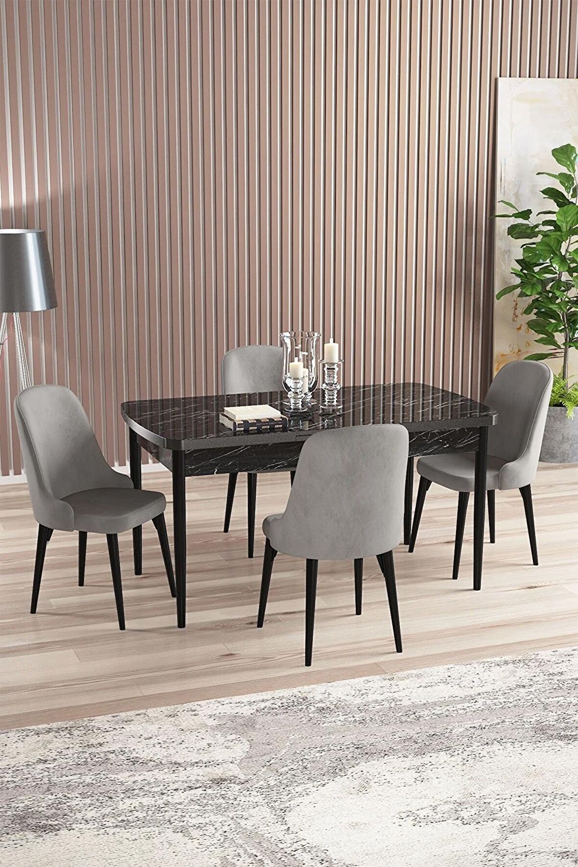 Rovena Amber Siyah Mermer 70x114 Açılabilir Mdf Mutfak Masası Takımı 4 Adet Sandalye
