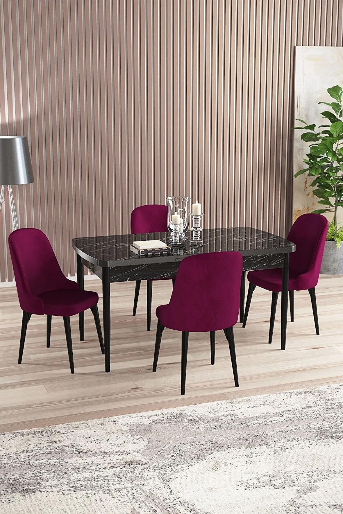 Rovena Amber Siyah Mermer 70x114 Açılabilir Mdf Mutfak Masası Takımı 4 Adet Sandalye