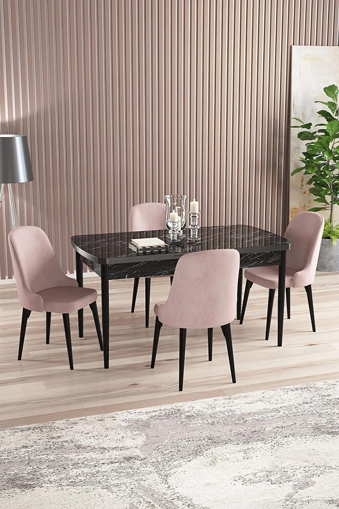 Rovena Amber Siyah Mermer 70x114 Açılabilir Mdf Mutfak Masası Takımı 4 Adet Sandalye