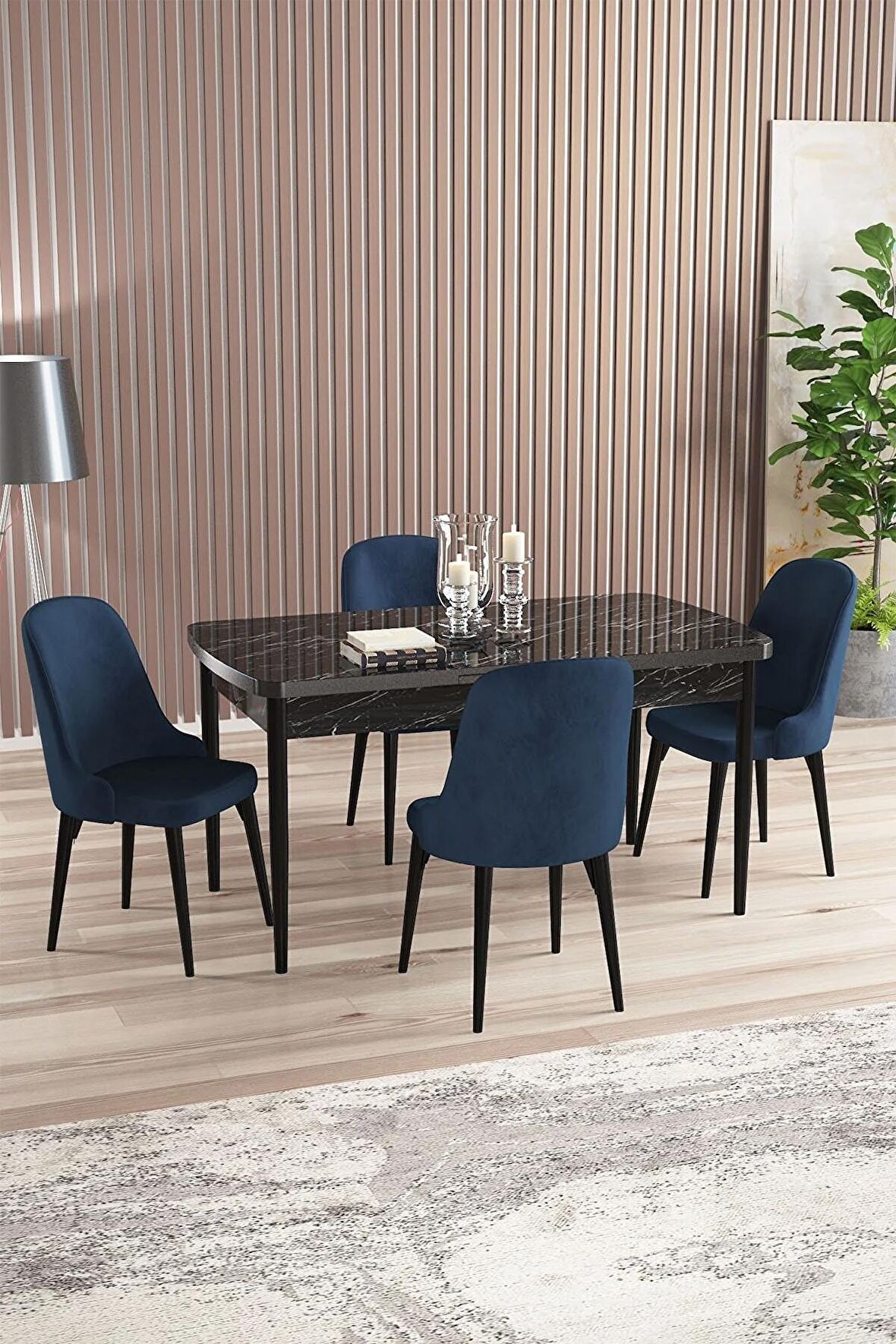 Rovena Amber Siyah Mermer 70x114 Açılabilir Mdf Mutfak Masası Takımı 4 Adet Sandalye