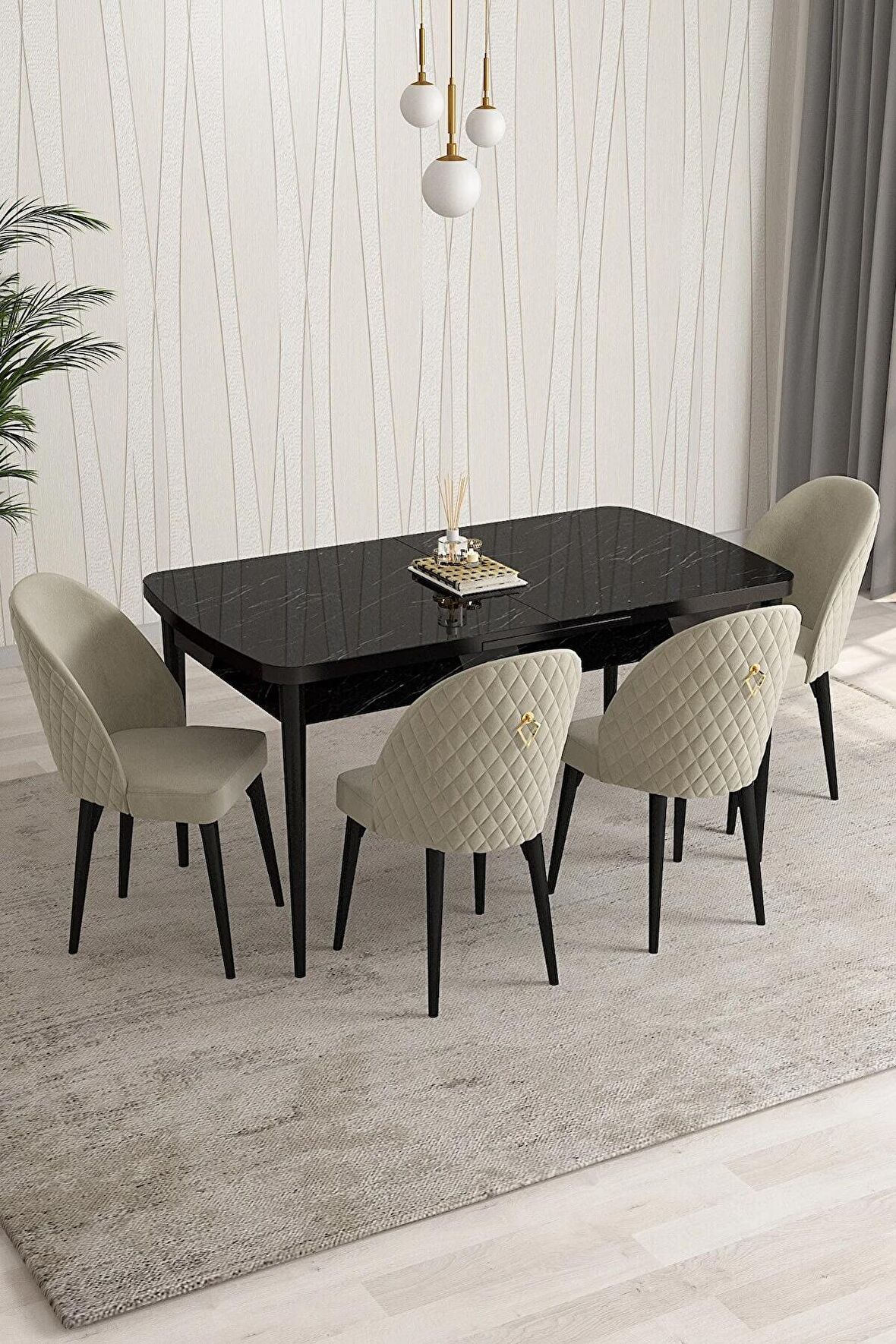 Rovena Talia Siyah Mermer 70x114 Açılabilir Mdf Mutfak Masası Takımı 4 Adet Sandalye