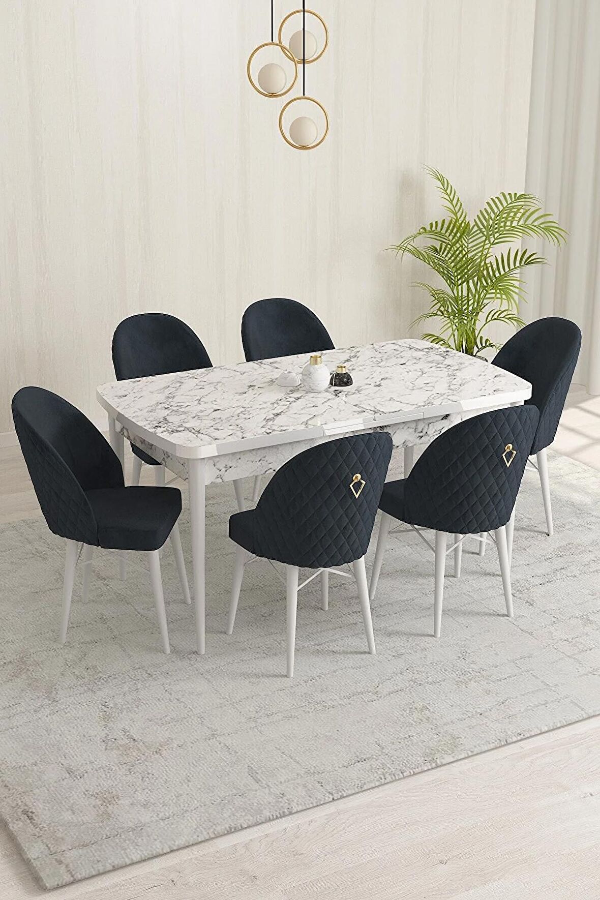 Rovena Liora Beyaz Mermer 70x114 Açılabilir Mdf Mutfak Masası Takımı 6 Adet Sandalye
