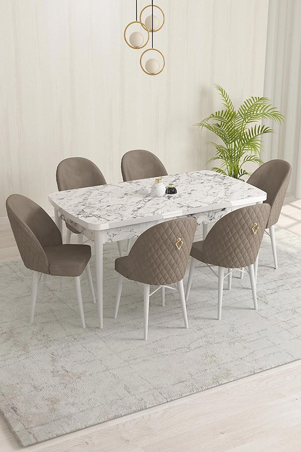 Rovena Liora Beyaz Mermer 70x114 Açılabilir Mdf Mutfak Masası Takımı 6 Adet Sandalye