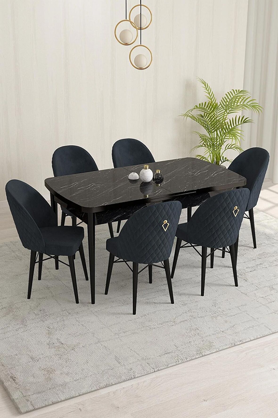 Rovena Liora Siyah Mermer 70x114 Açılabilir Mdf Mutfak Masası Takımı 6 Adet Sandalye
