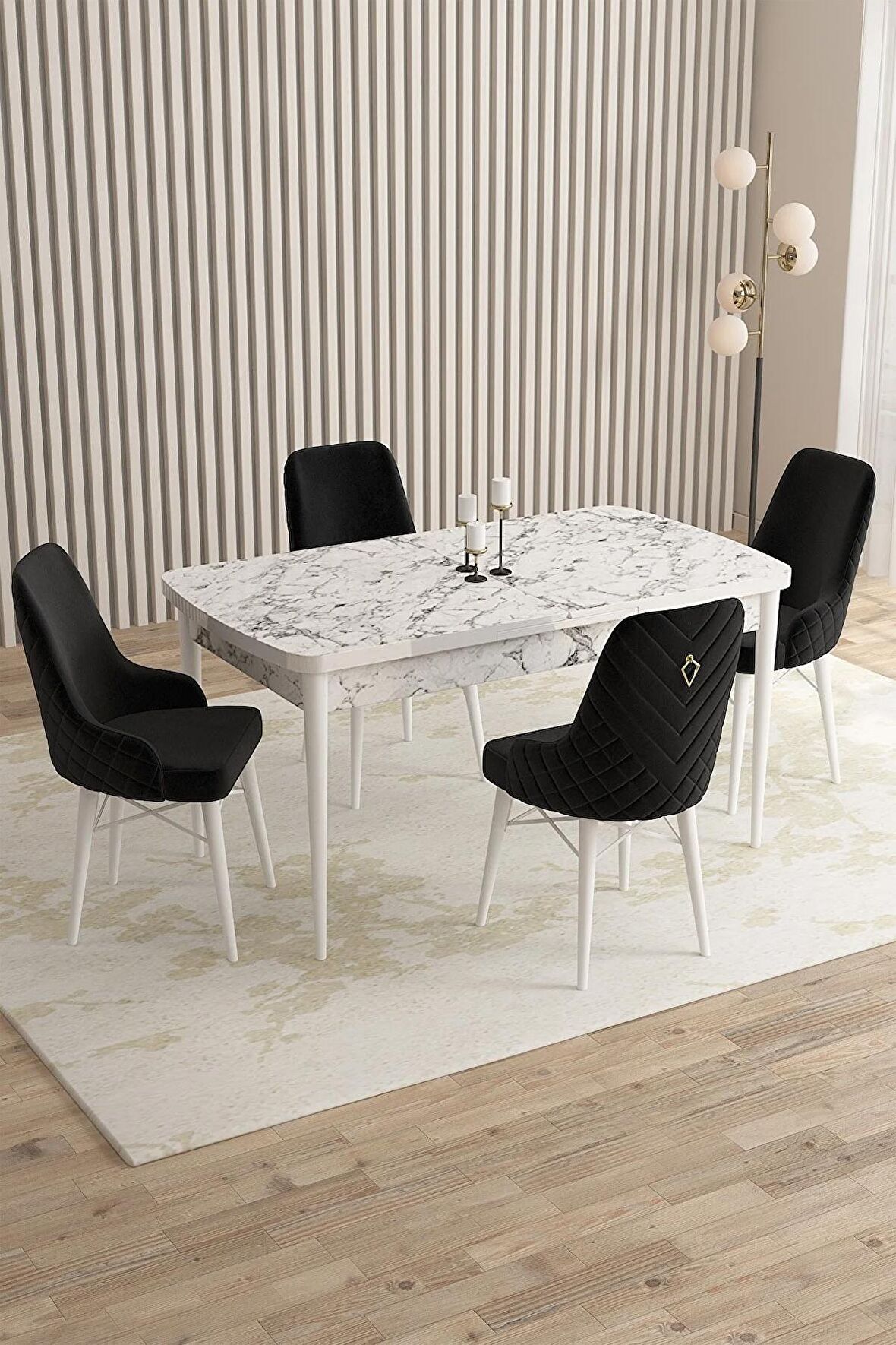 Rovena Almira Beyaz Mermer 70x114 Açılabilir Mdf Yemek Odası Takımı 4 Adet Sandalye