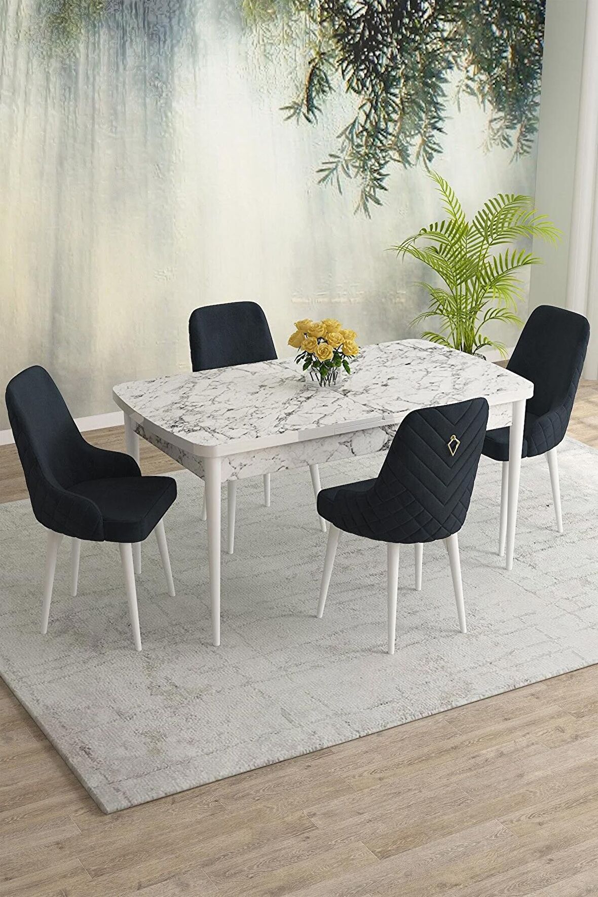 Rovena Blanca Beyaz Mermer 80x132 Açılabilir Mdf Yemek Odası Takımı 4 Adet Sandalye