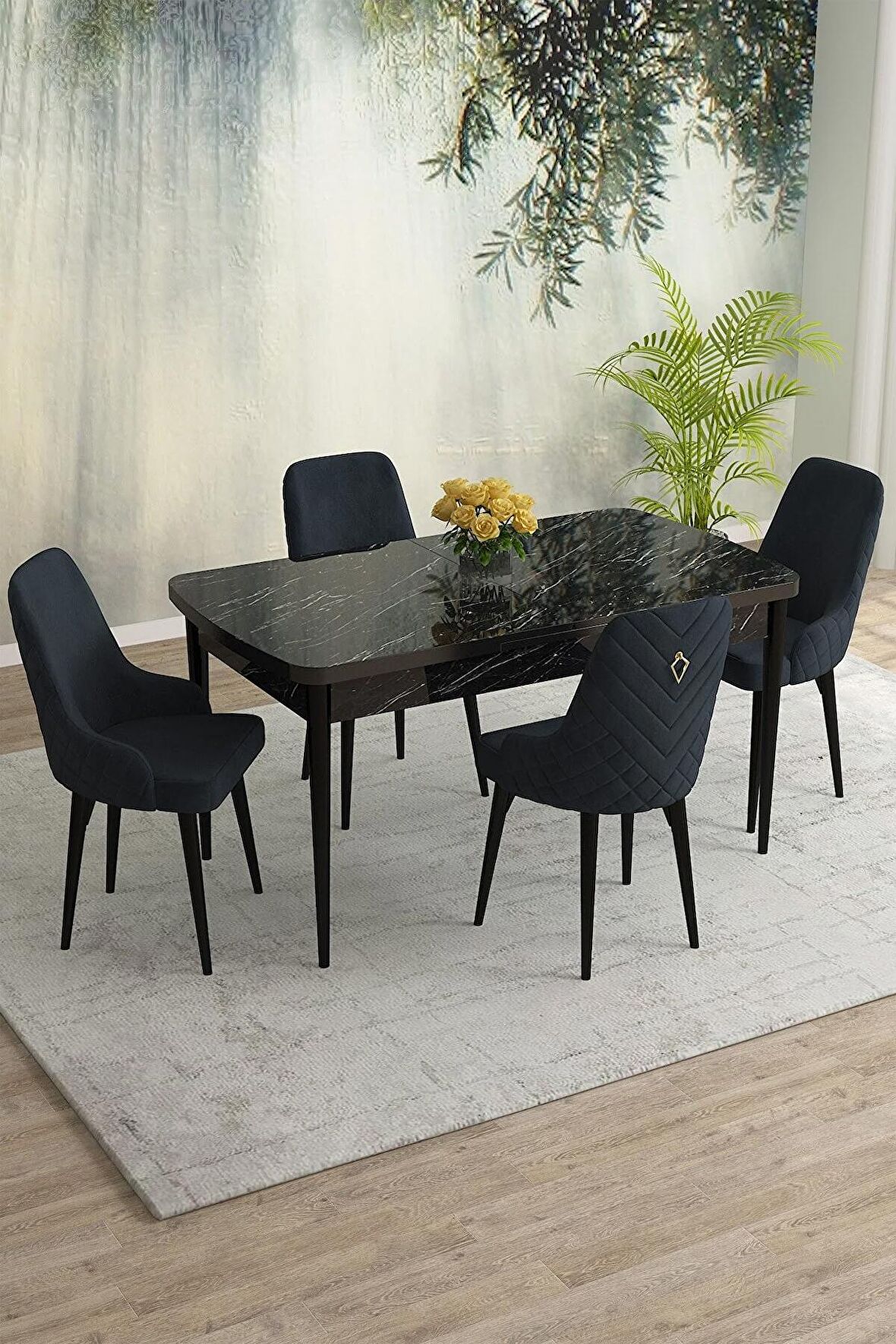 Rovena Blanca Siyah Mermer 80x132 Açılabilir Mdf Yemek Odası Takımı 4 Adet Sandalye