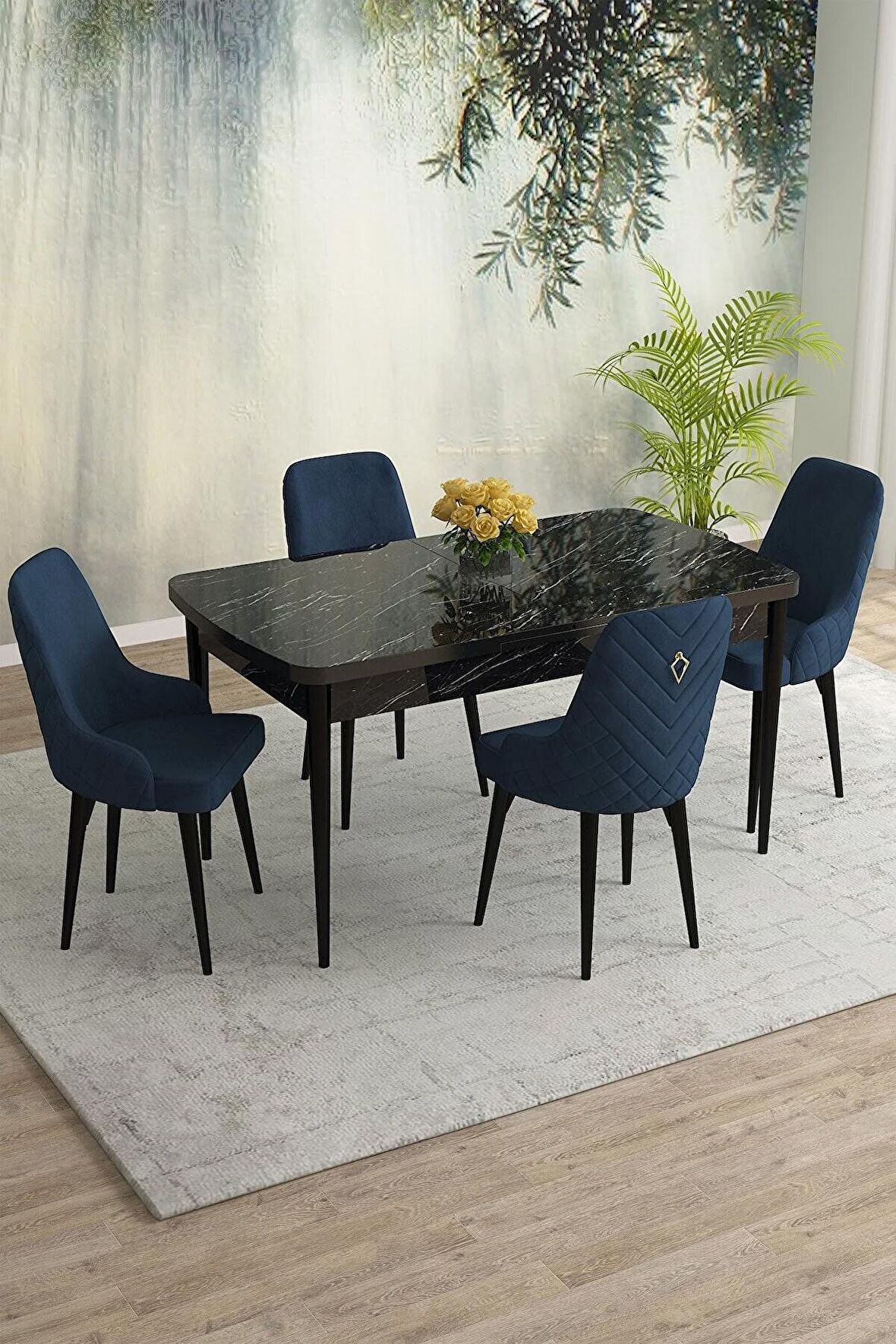 Rovena Blanca Siyah Mermer 80x132 Açılabilir Mdf Yemek Odası Takımı 4 Adet Sandalye