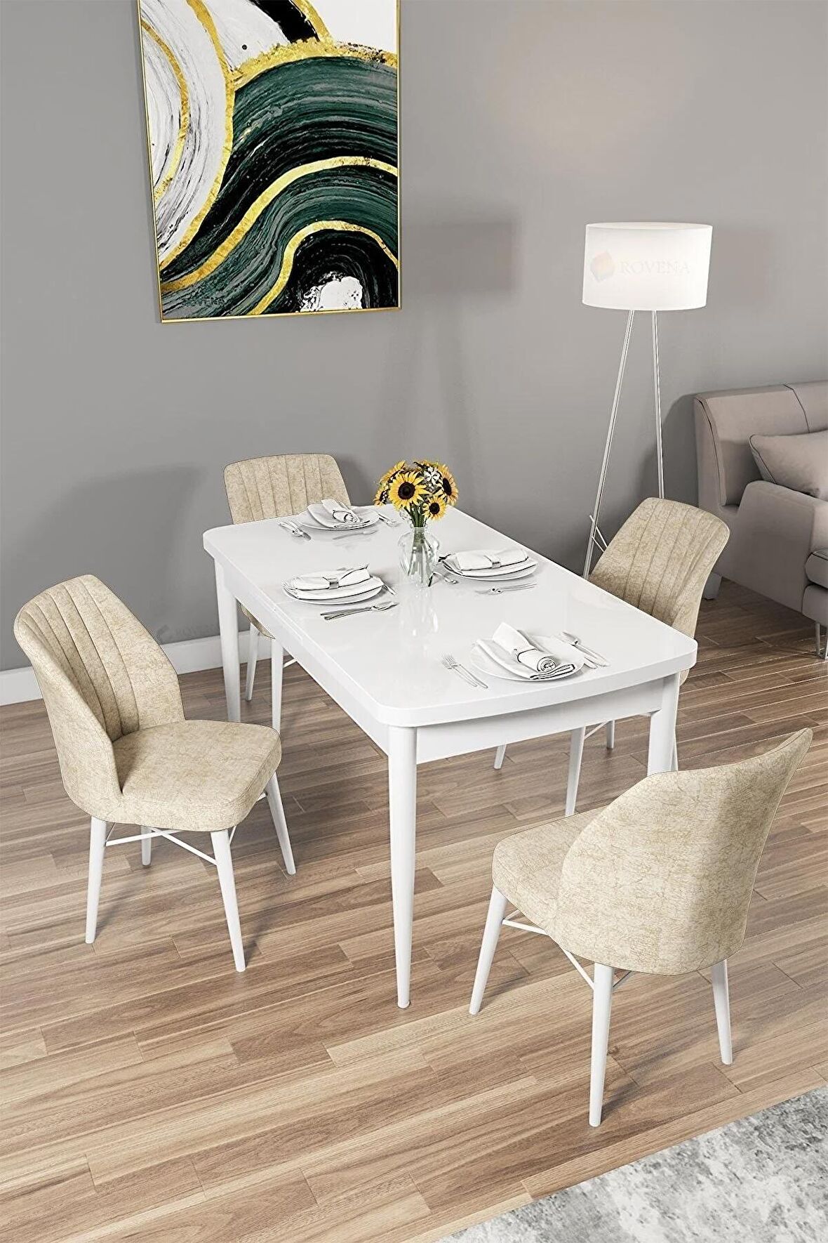 Rovena Mary Beyaz 70x114 Açılabilir Mdf Yemek Odası Takımı 4 Adet Sandalye