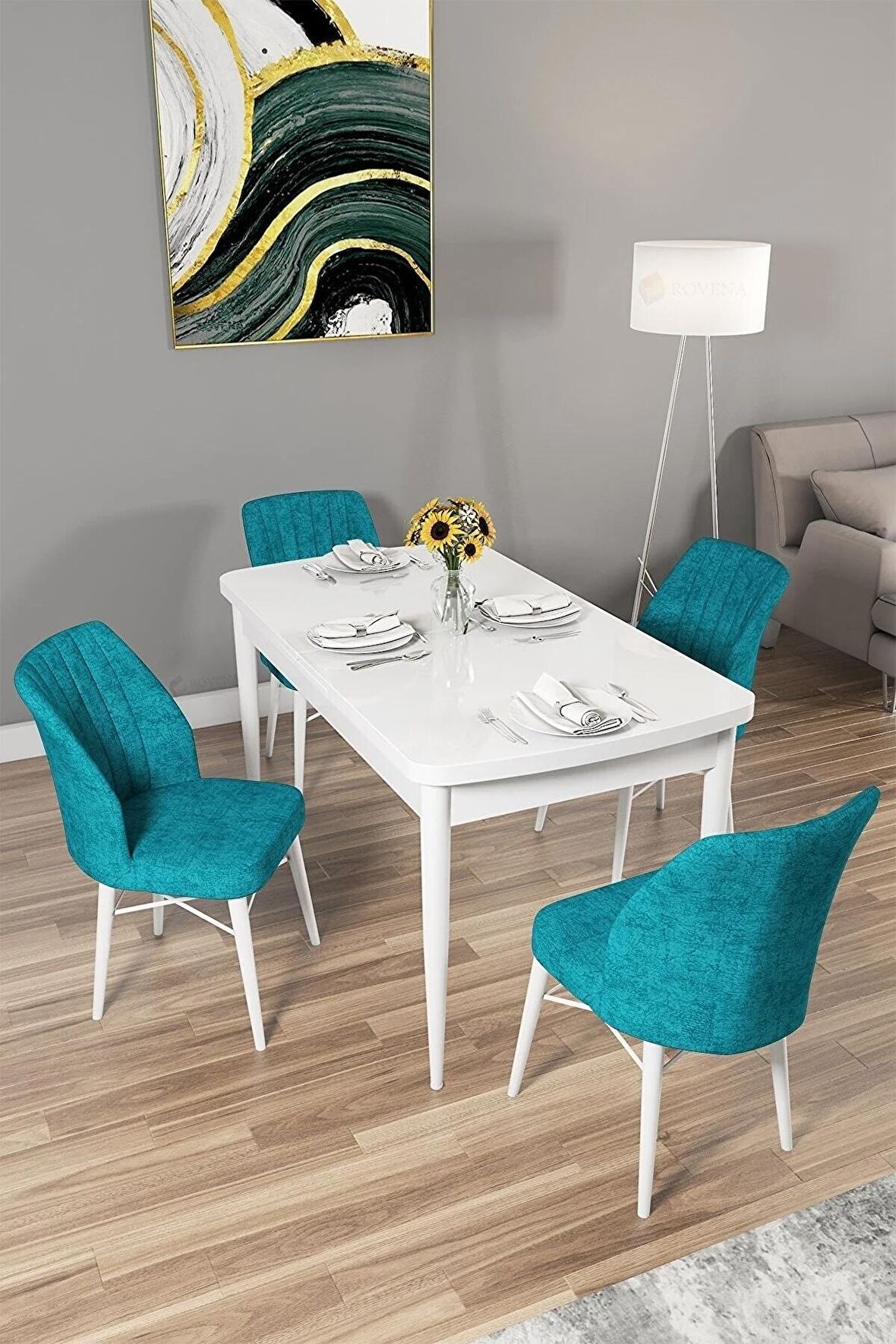 Rovena Mary Beyaz 70x114 Açılabilir Mdf Yemek Odası Takımı 4 Adet Sandalye