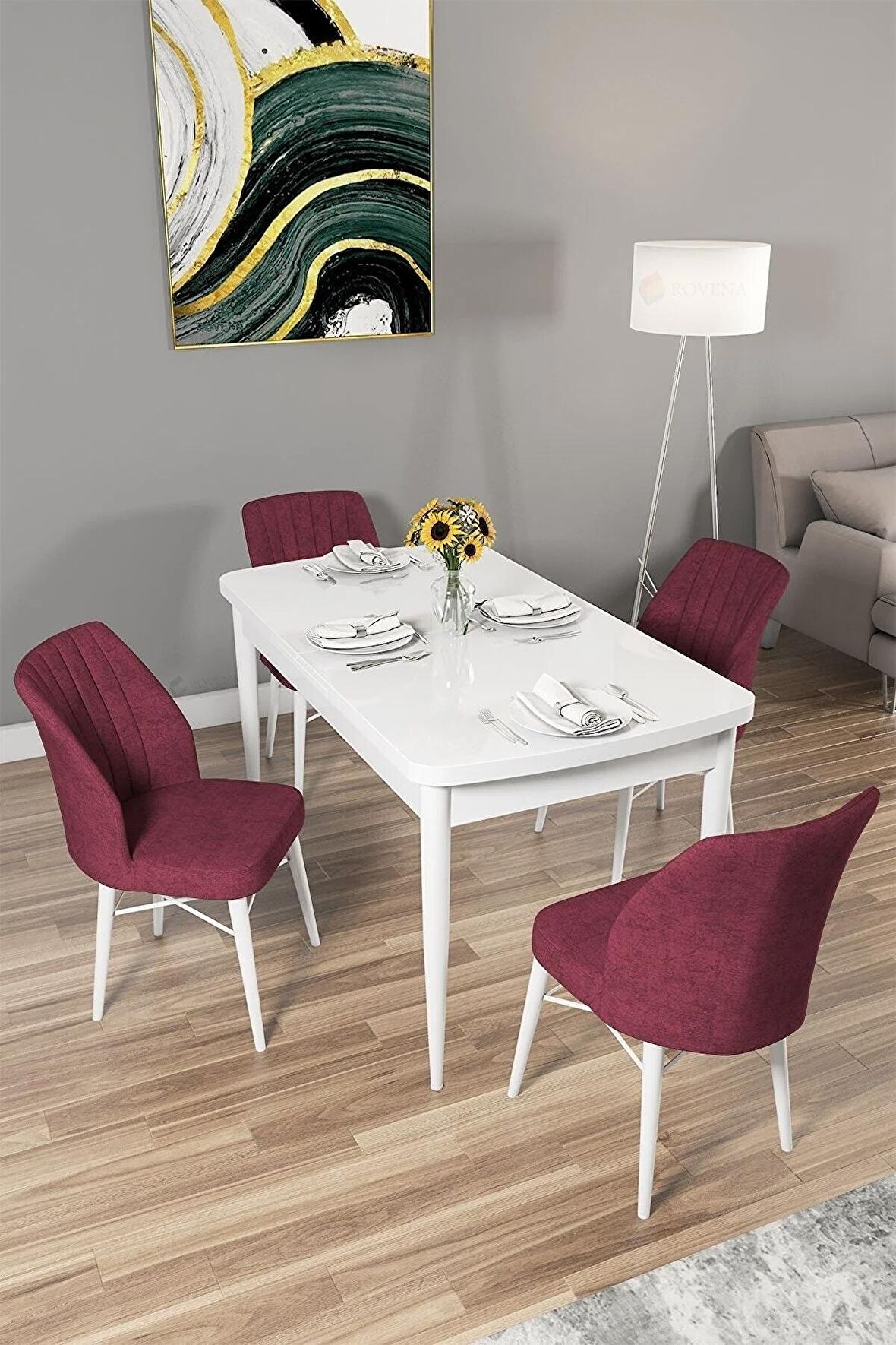 Rovena Mary Beyaz 70x114 Açılabilir Mdf Yemek Odası Takımı 4 Adet Sandalye