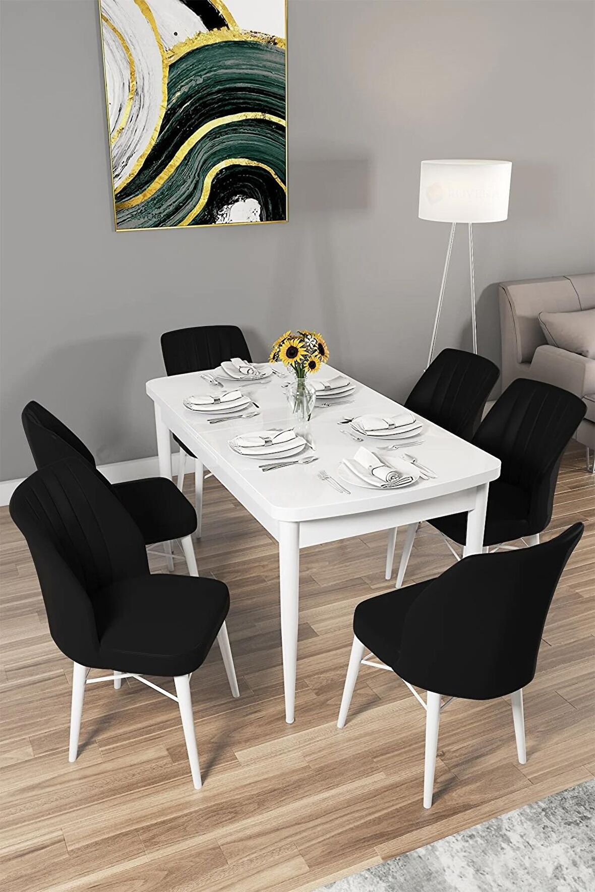 Rovena Mary Beyaz 70x114 Açılabilir Mdf Yemek Odası Takımı 6 Adet Sandalye