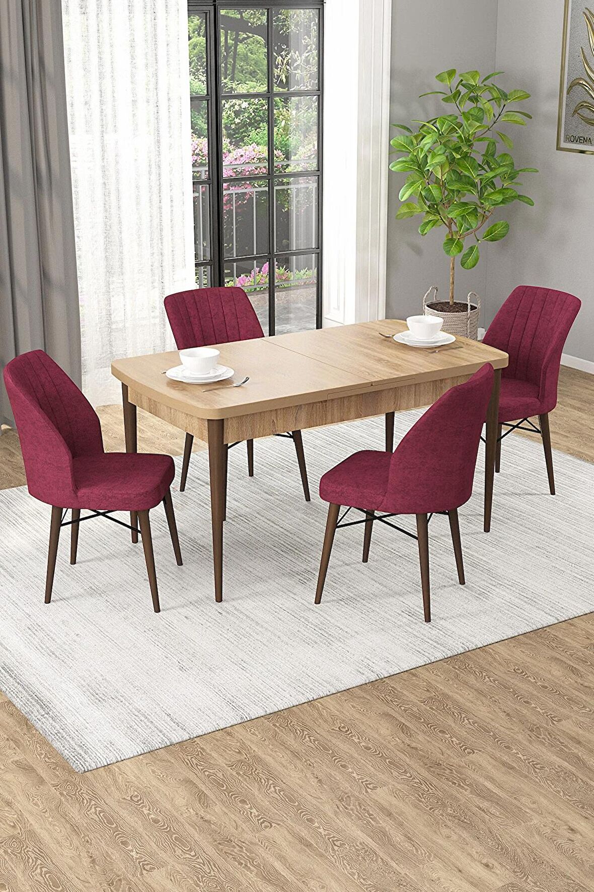 Rovena Mary Meşe 70x114 Açılabilir Mdf Yemek Odası Takımı 4 Adet Sandalye