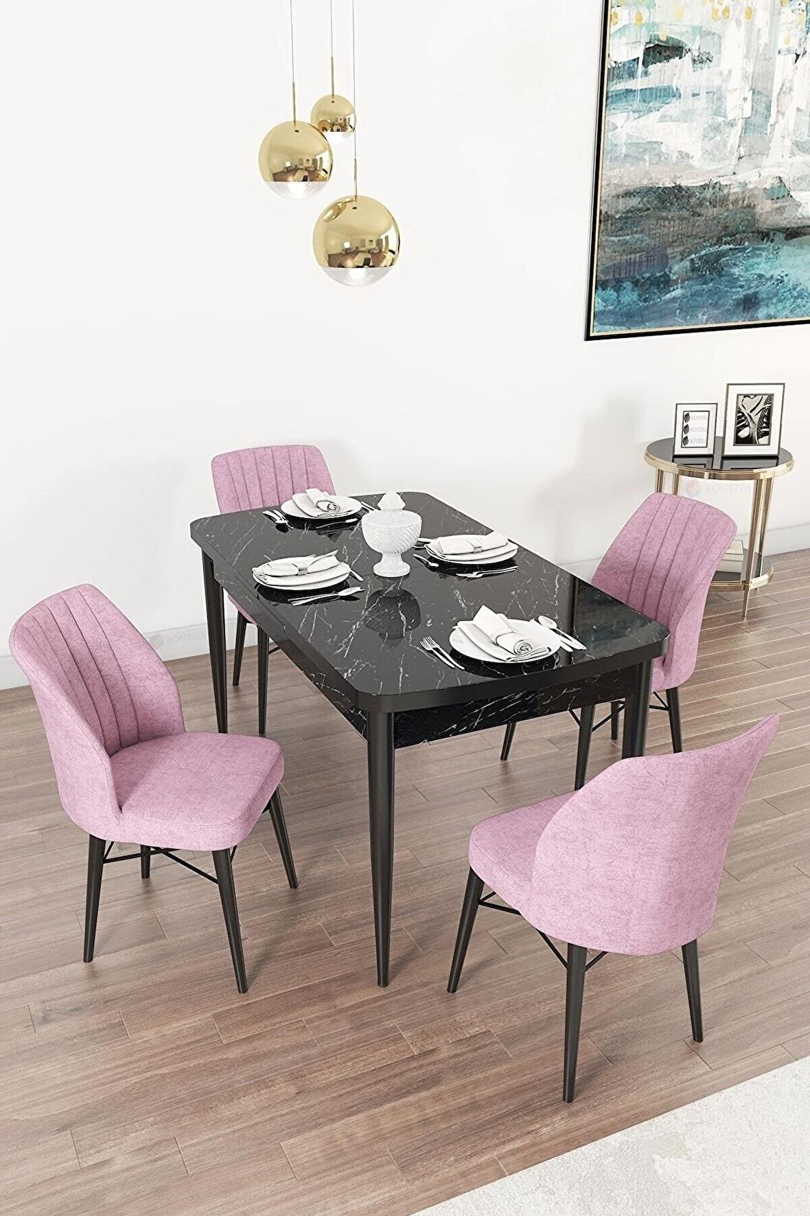 Rovena Mary Siyah Mermer 70x114 Açılabilir Mdf Yemek Odası Takımı 4 Adet Sandalye