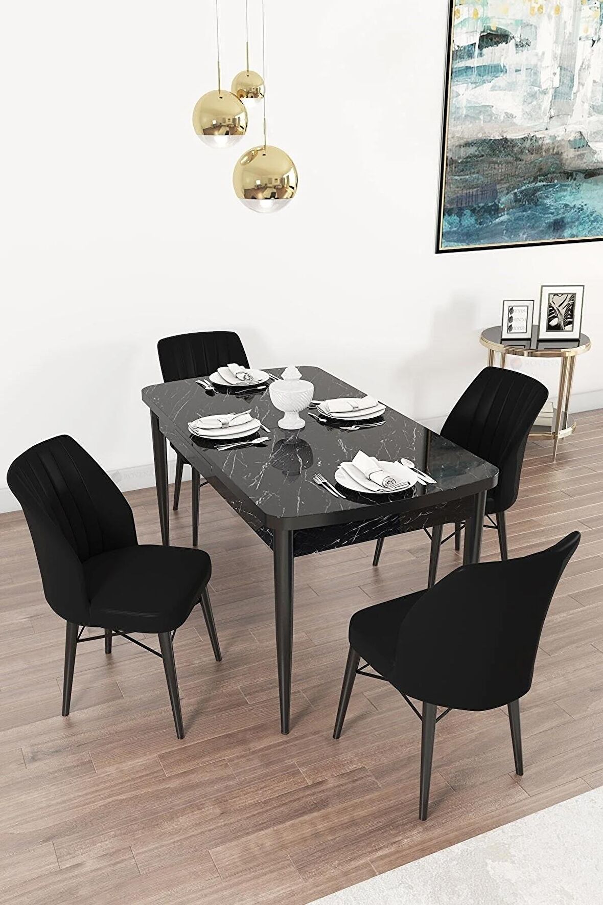 Rovena Mary Siyah Mermer 70x114 Açılabilir Mdf Yemek Odası Takımı 4 Adet Sandalye