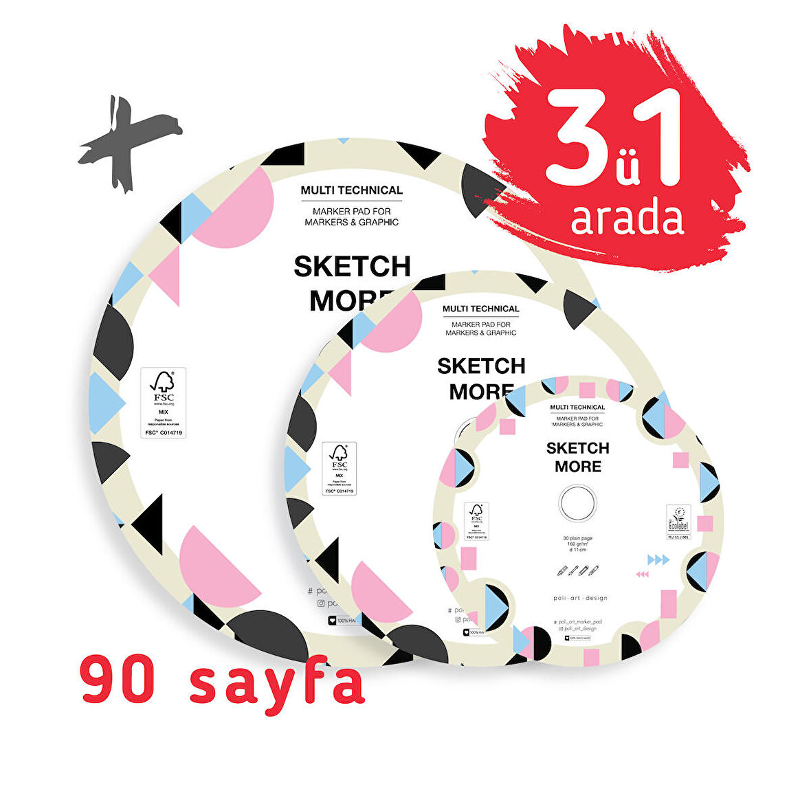 Super set 3ü1 arada yuvarlak albüm d11+d15+d20 cm 90 sayfa (marker ve grafik için)