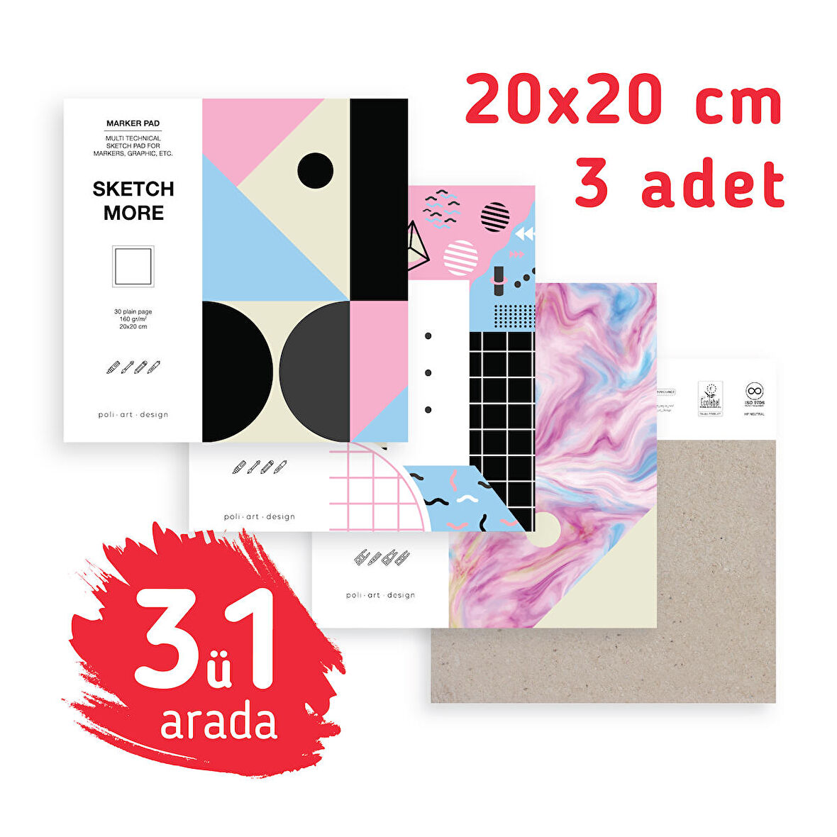 Super kombo 3ü1 arada kare albüm seti 20×20 cm (suluboya, marker, karışık teknıkler!)