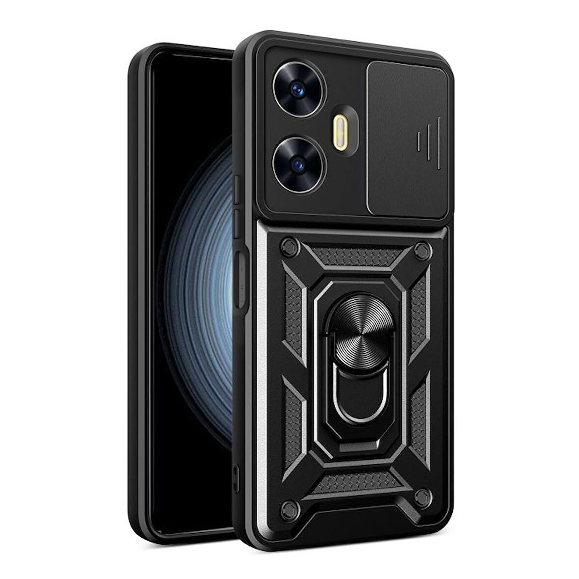 Gpack Realme C55 Kılıf Sert Silikon Tank Aramid Sürgülü Vega Yüzüklü