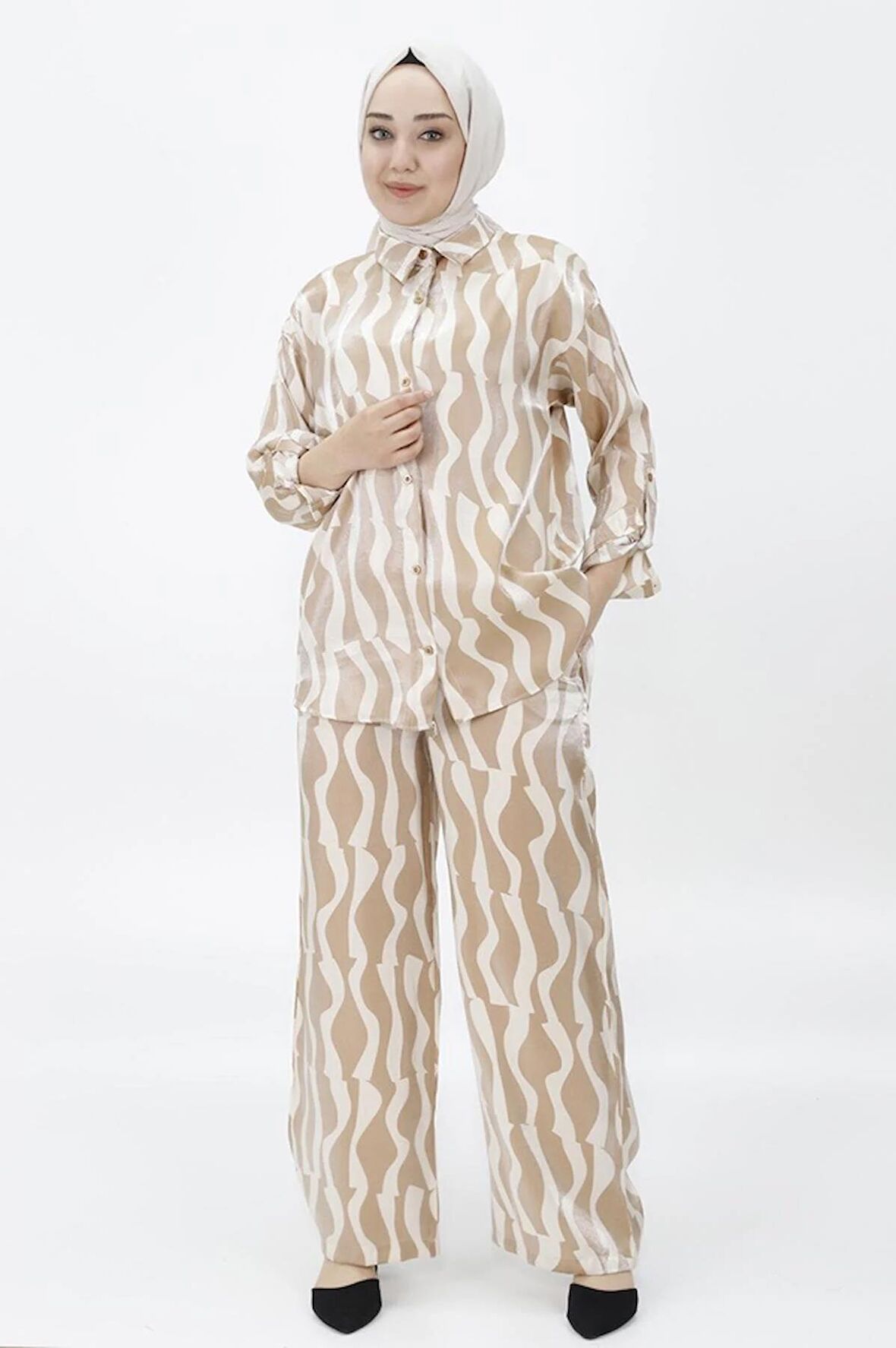 CYLN24182 PAMUKLU SATEN KUMAŞ DESENLİ İKİLİ TAKIM