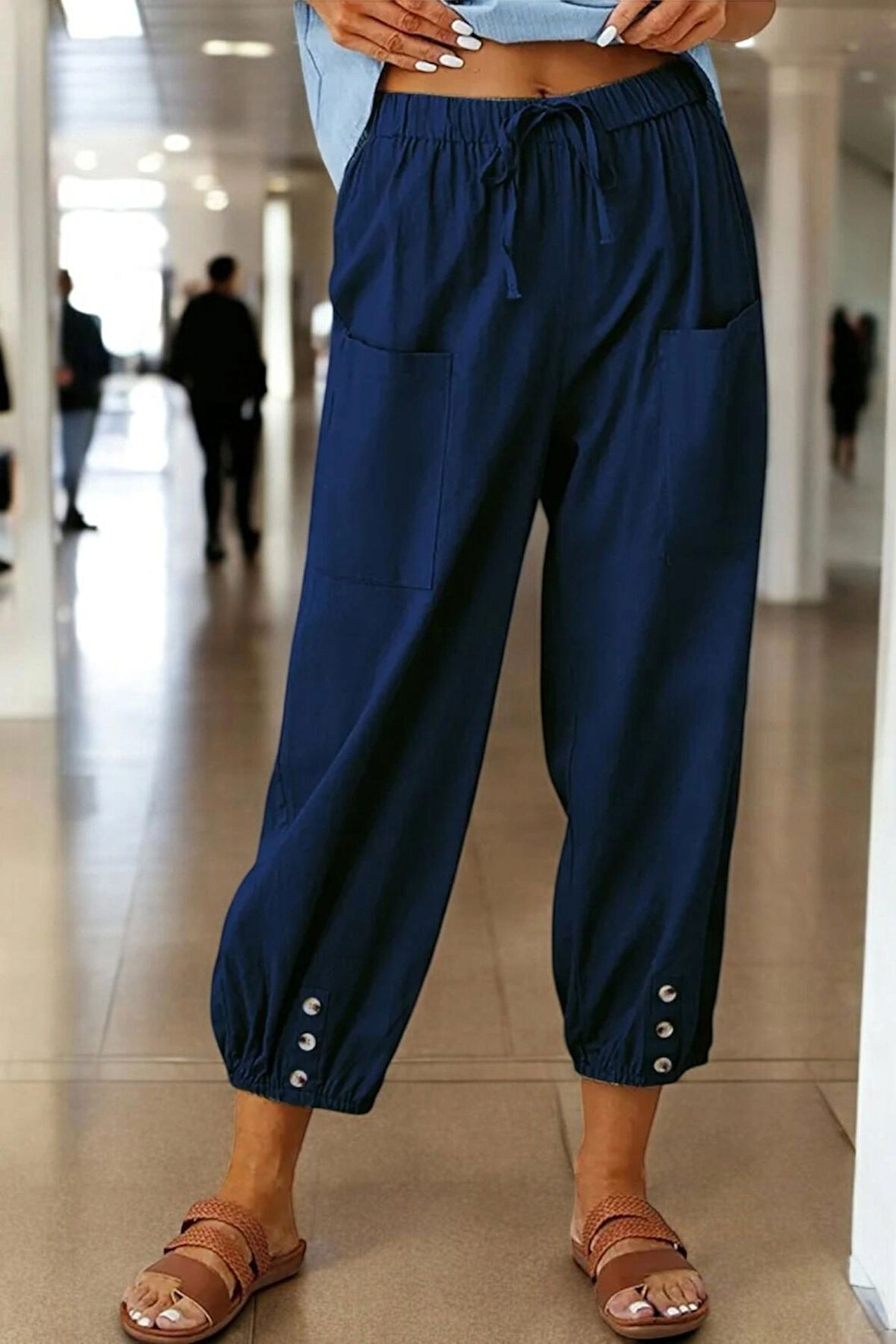 Keten Günlük Pantolon Beli Lastikli Bağcıklı